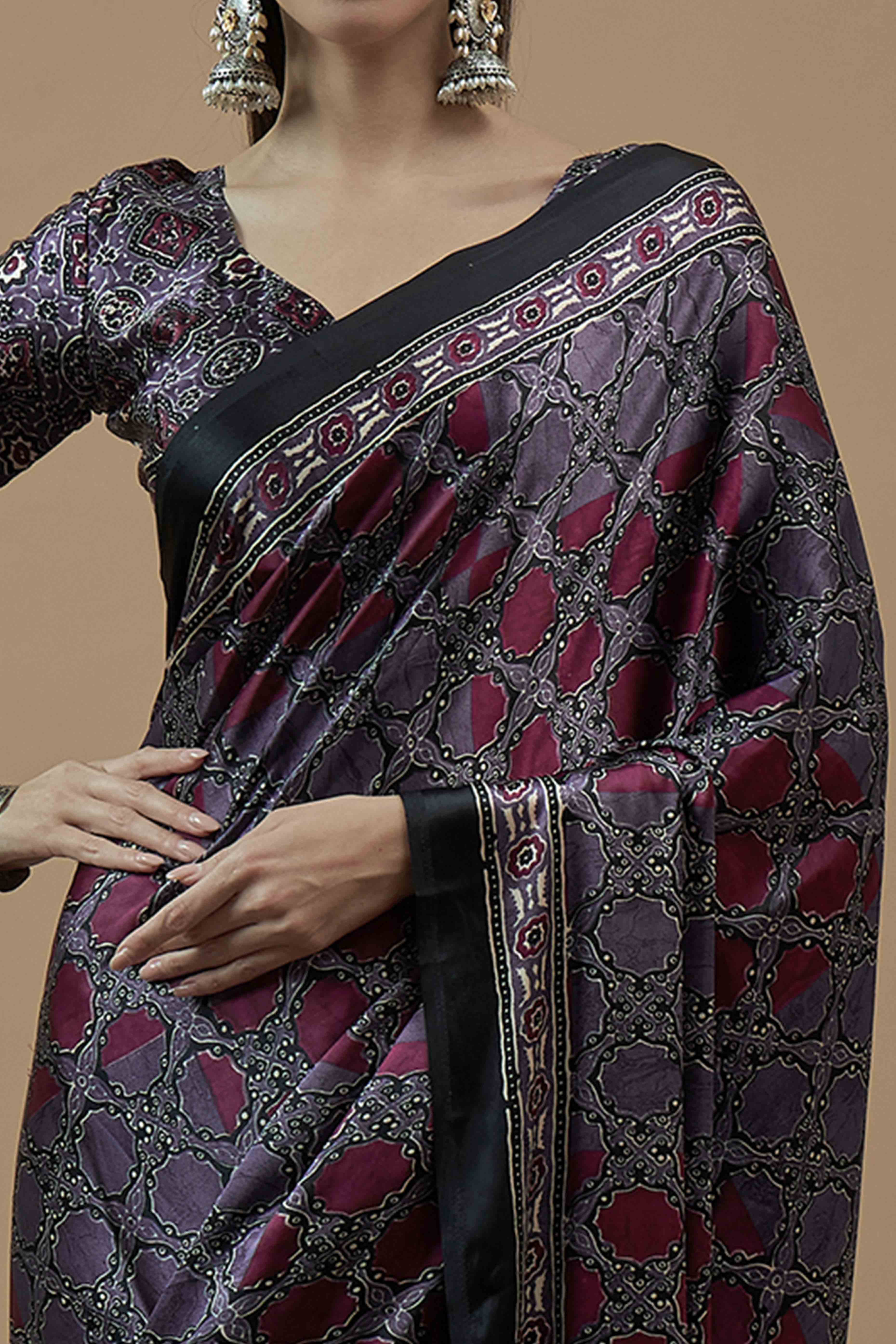 Purple Ajrakh Printed Satin Saree With Tassels - Image 2