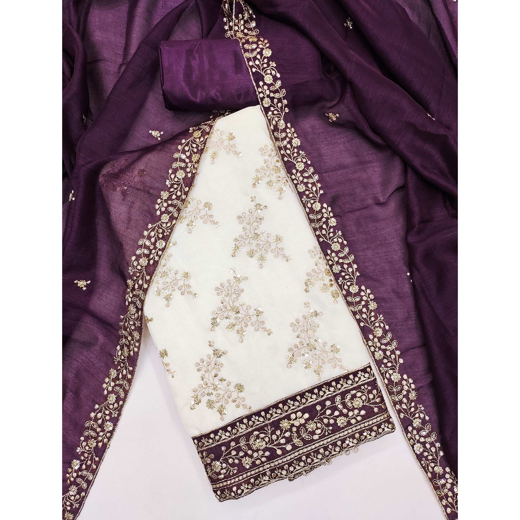 Purple and Off White Vichitra Silk Fabric with Embroidered Detailing - Image 3