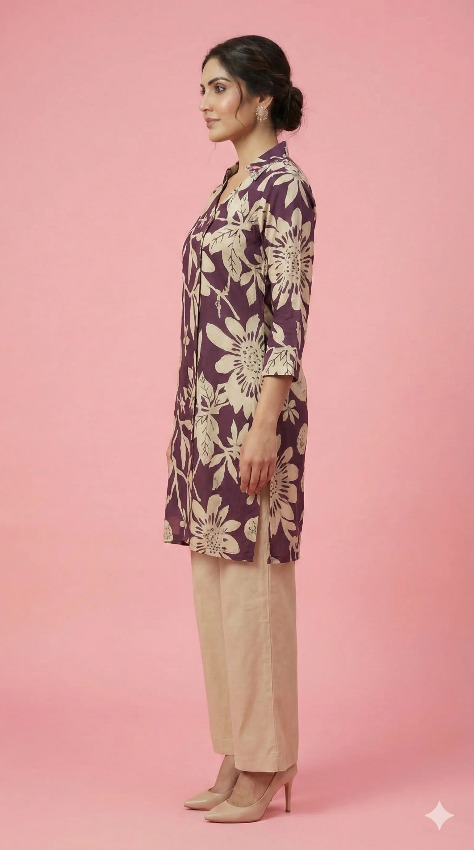 Purple Angrakha Overlap Kurta Floral Printed Muslin Co Ord Set Party Wear - Image 4