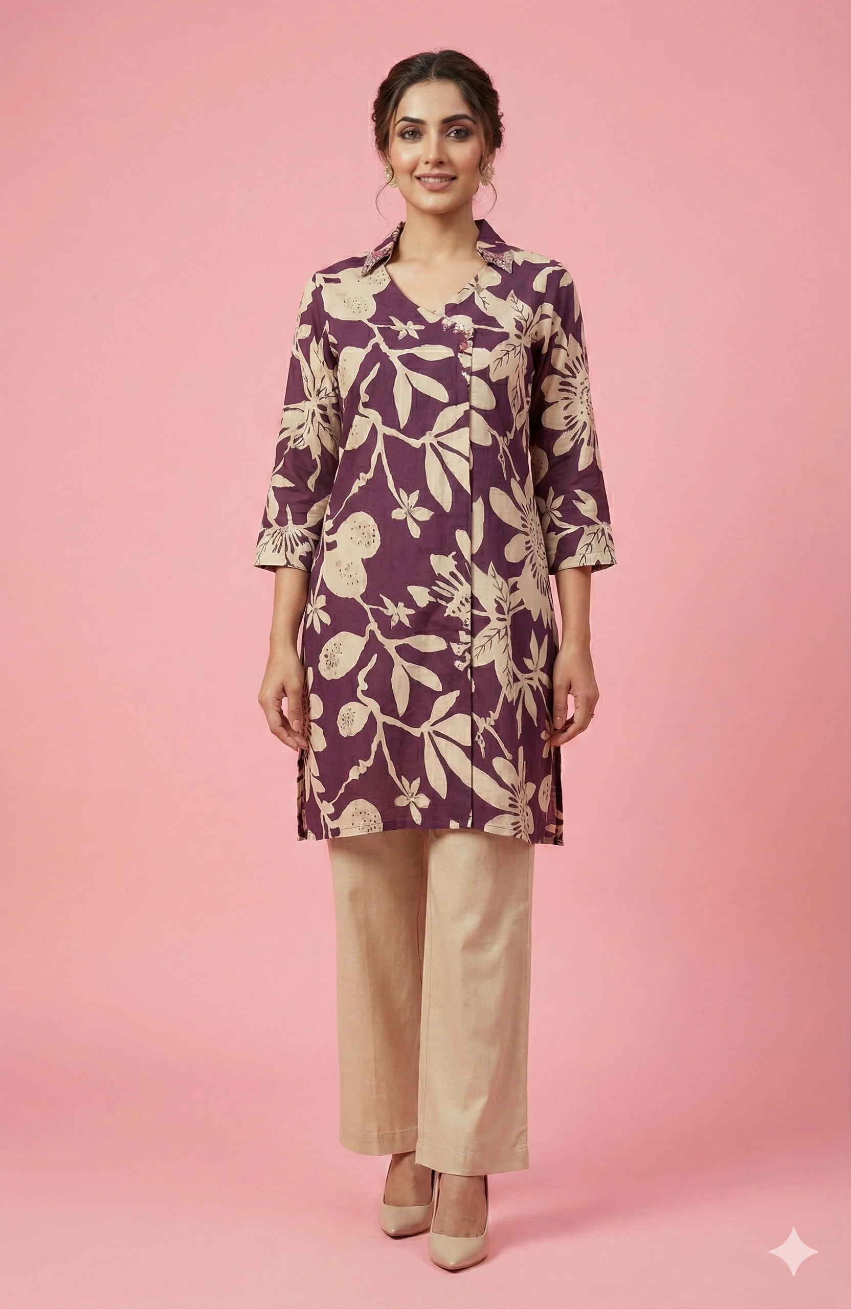 Purple Angrakha Overlap Kurta Floral Printed Muslin Co Ord Set Party Wear - Image 5