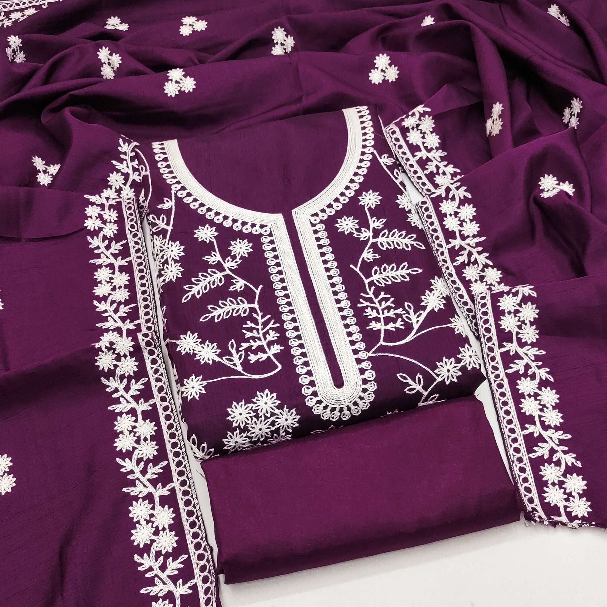 Purple Art Silk Dress Material Adorned With Floral Thread Embroidery Work - Image 3