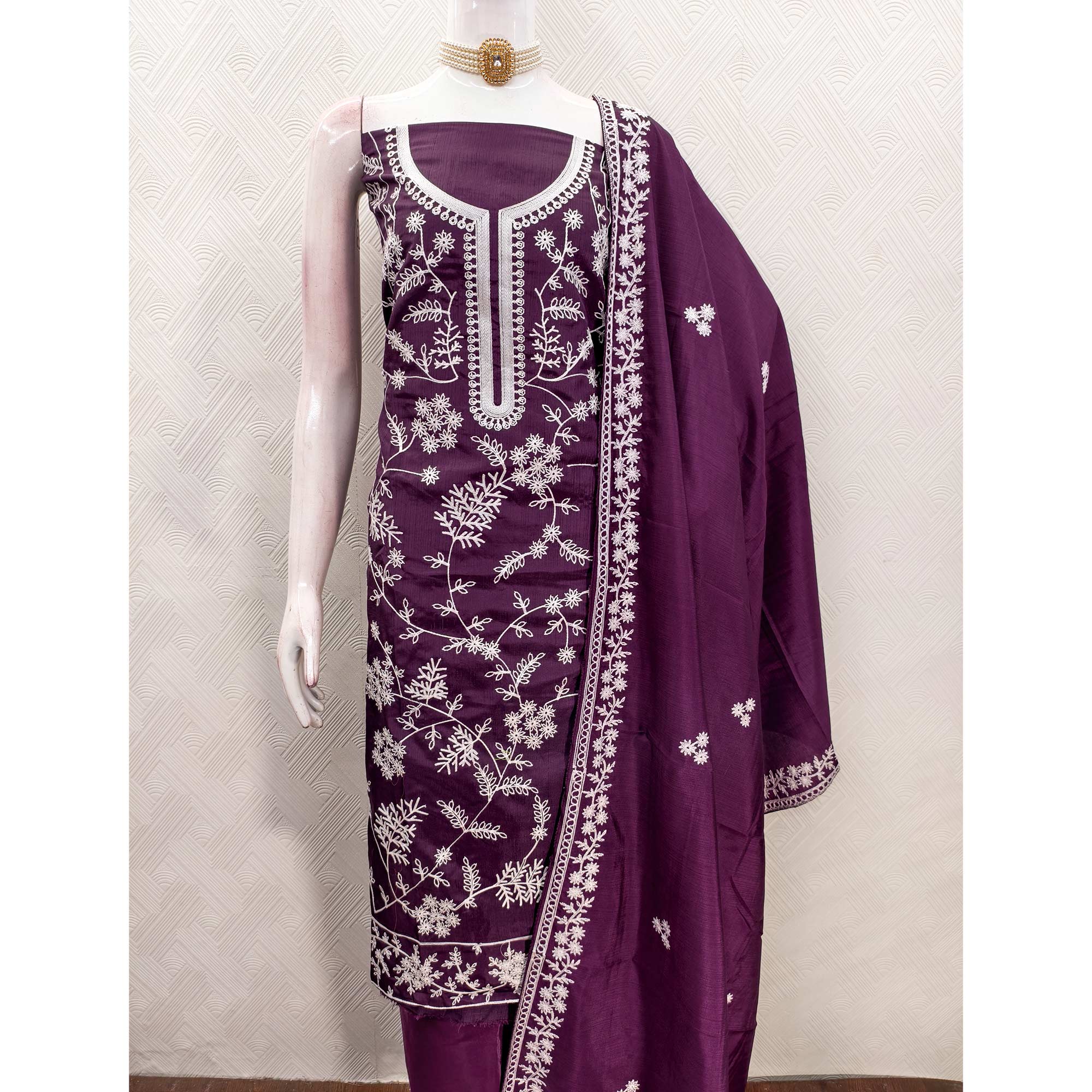 Purple Art Silk Dress Material Adorned With Floral Thread Embroidery Work - Image 5
