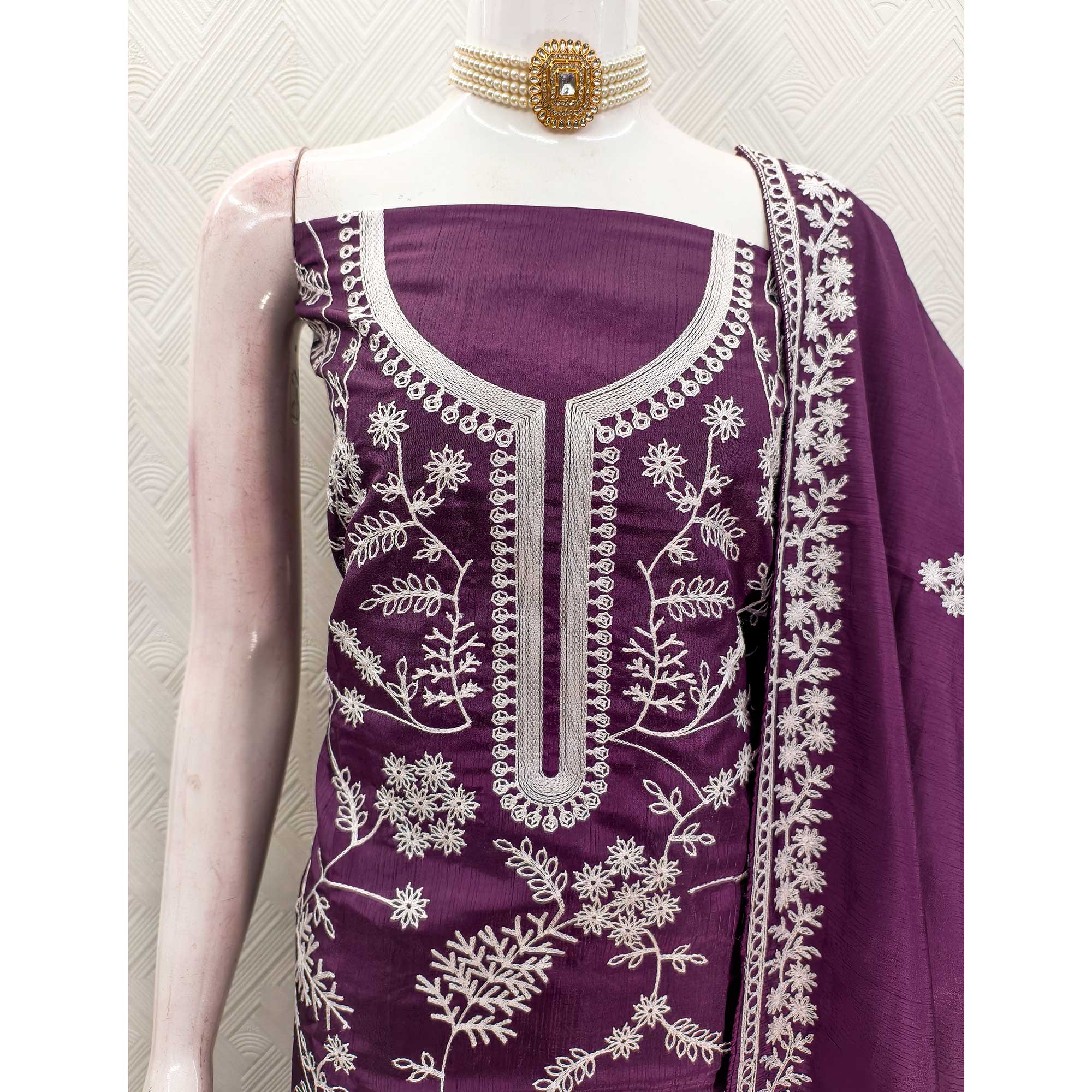 Purple Art Silk Dress Material Adorned With Floral Thread Embroidery Work - Image 6