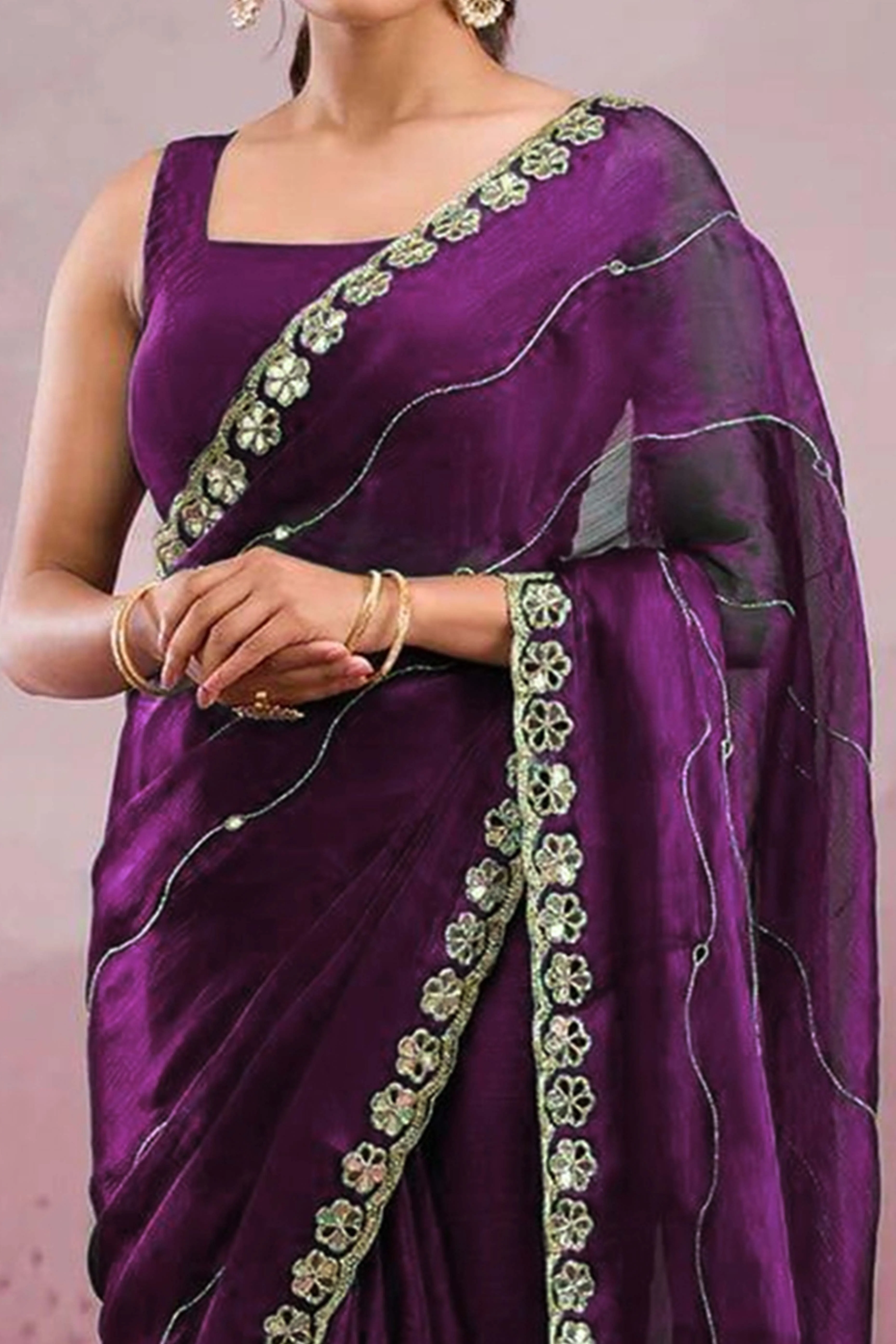 Purple Art Silk Saree Highlighted with Embroidery & Mirror Detailing - Image 2