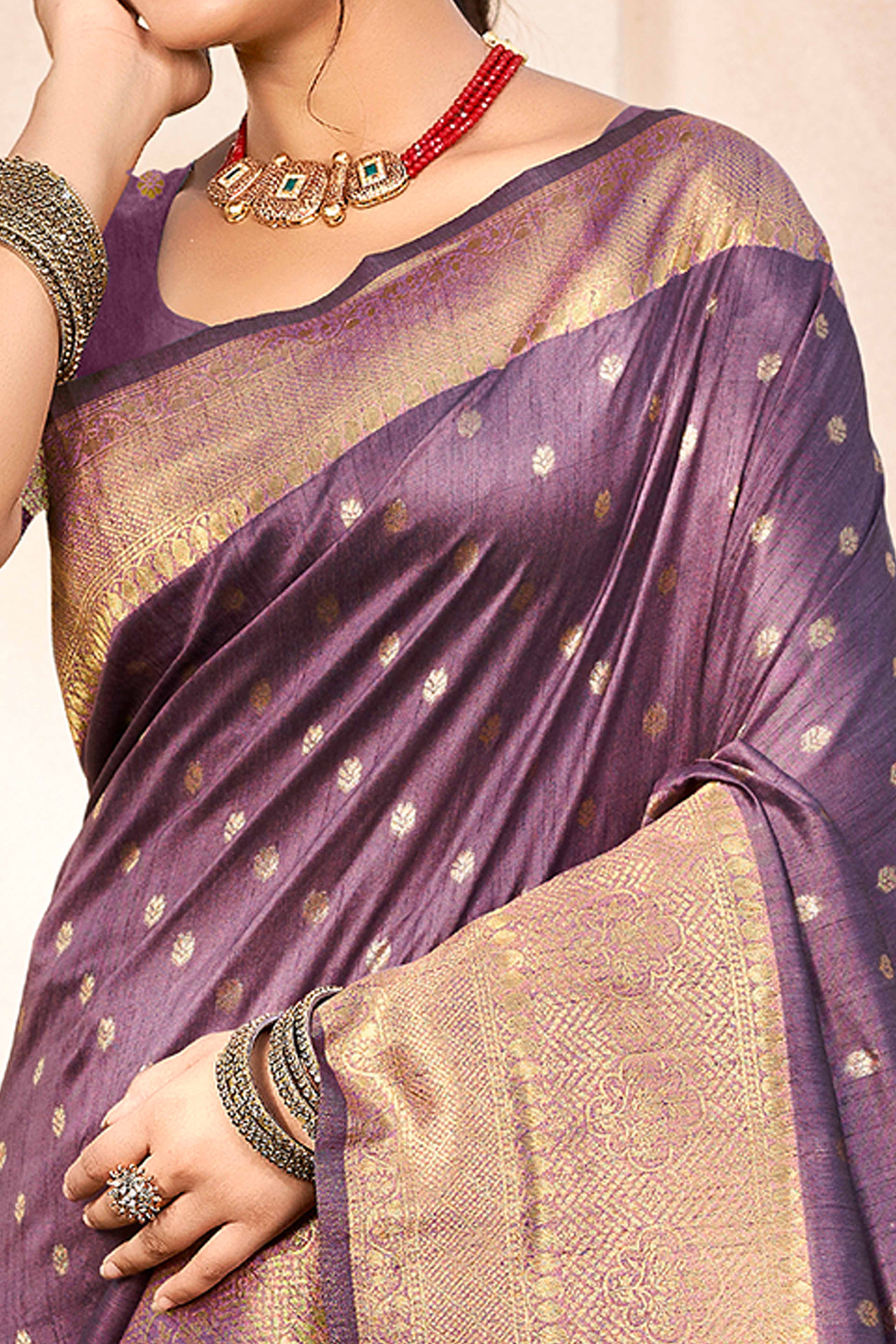 Purple Assam Silk Blend Saree Adorned With Timeless Floral Zari Weaving - Image 2