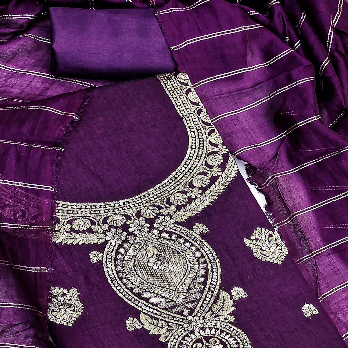 Purple Banarasi Silk Dress Material With Classic Zari Design - Image 2
