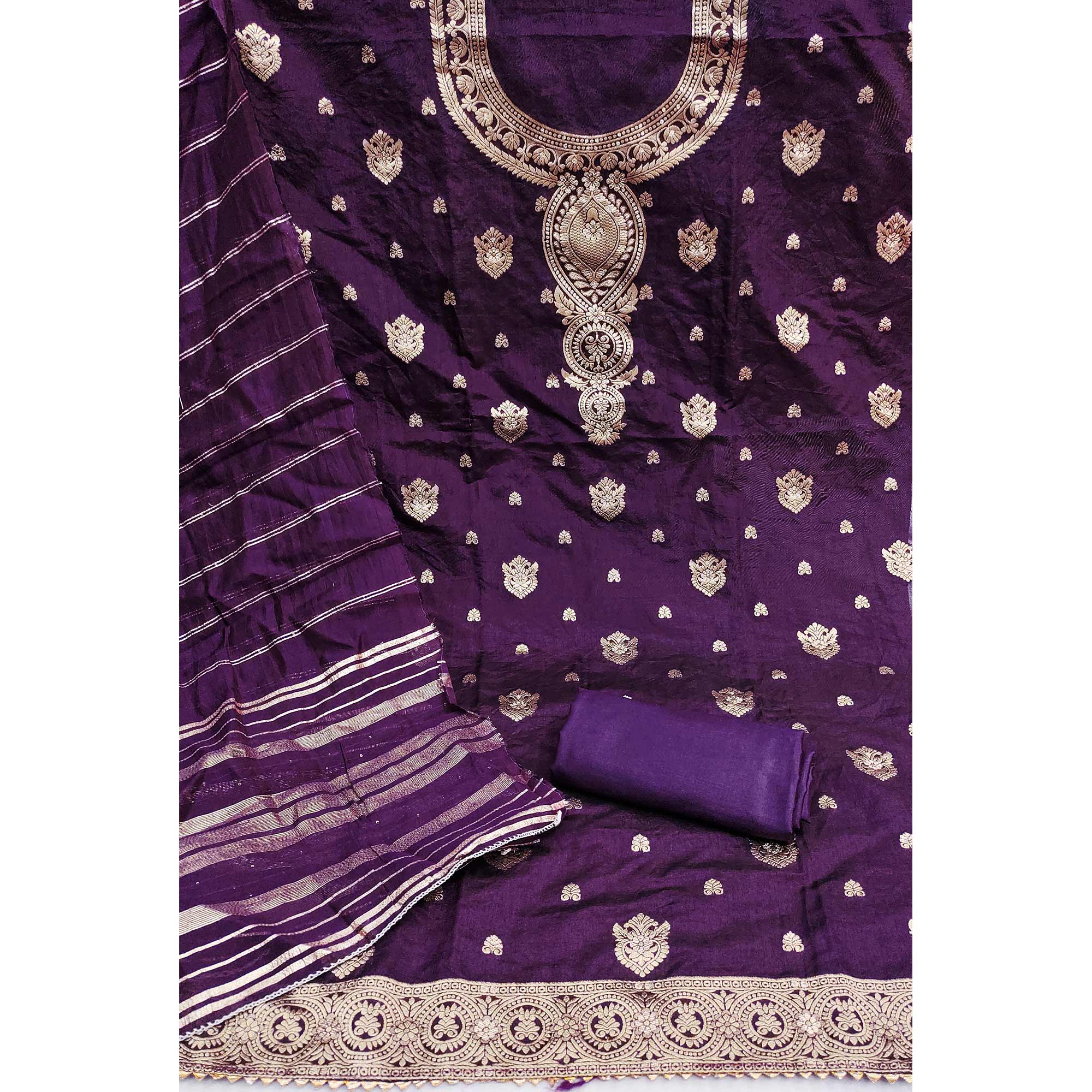 Purple Banarasi Silk Dress Material With Classic Zari Design - Image 3