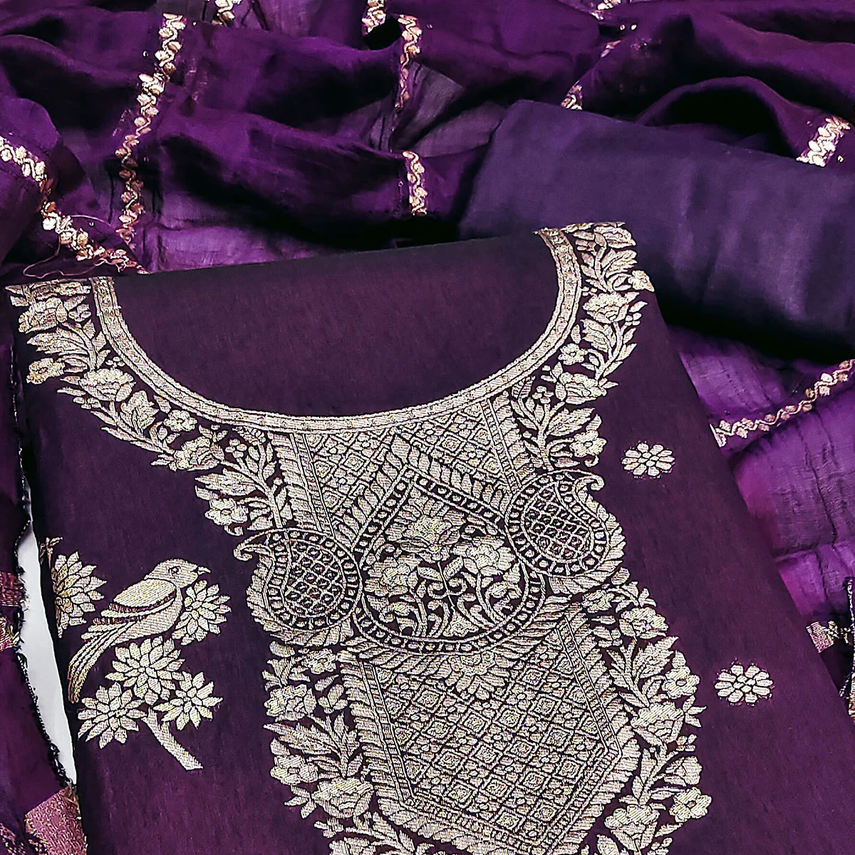 Purple Banarasi Silk Dress Material With Classic Zari Design - Image 2