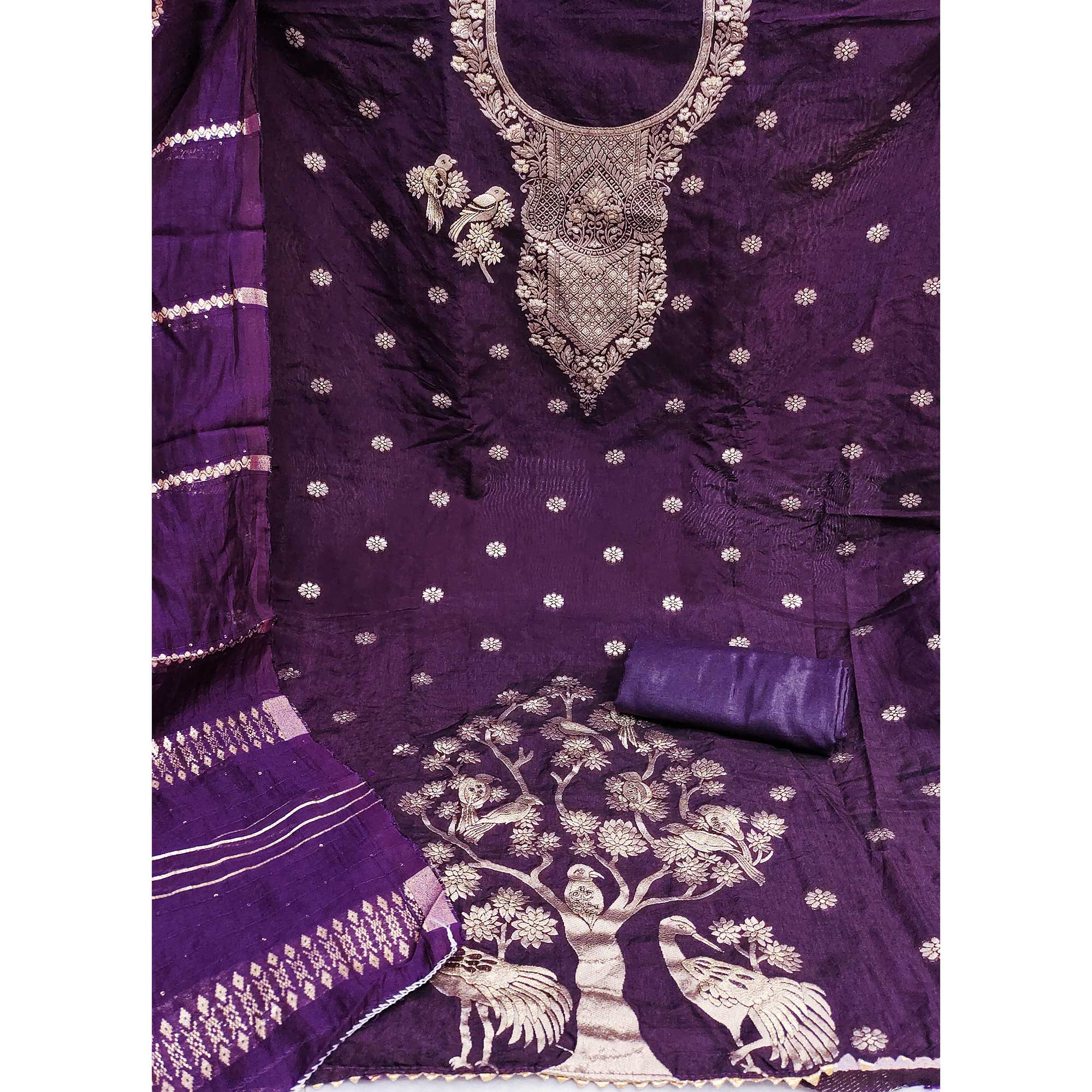 Purple Banarasi Silk Dress Material With Classic Zari Design - Image 3