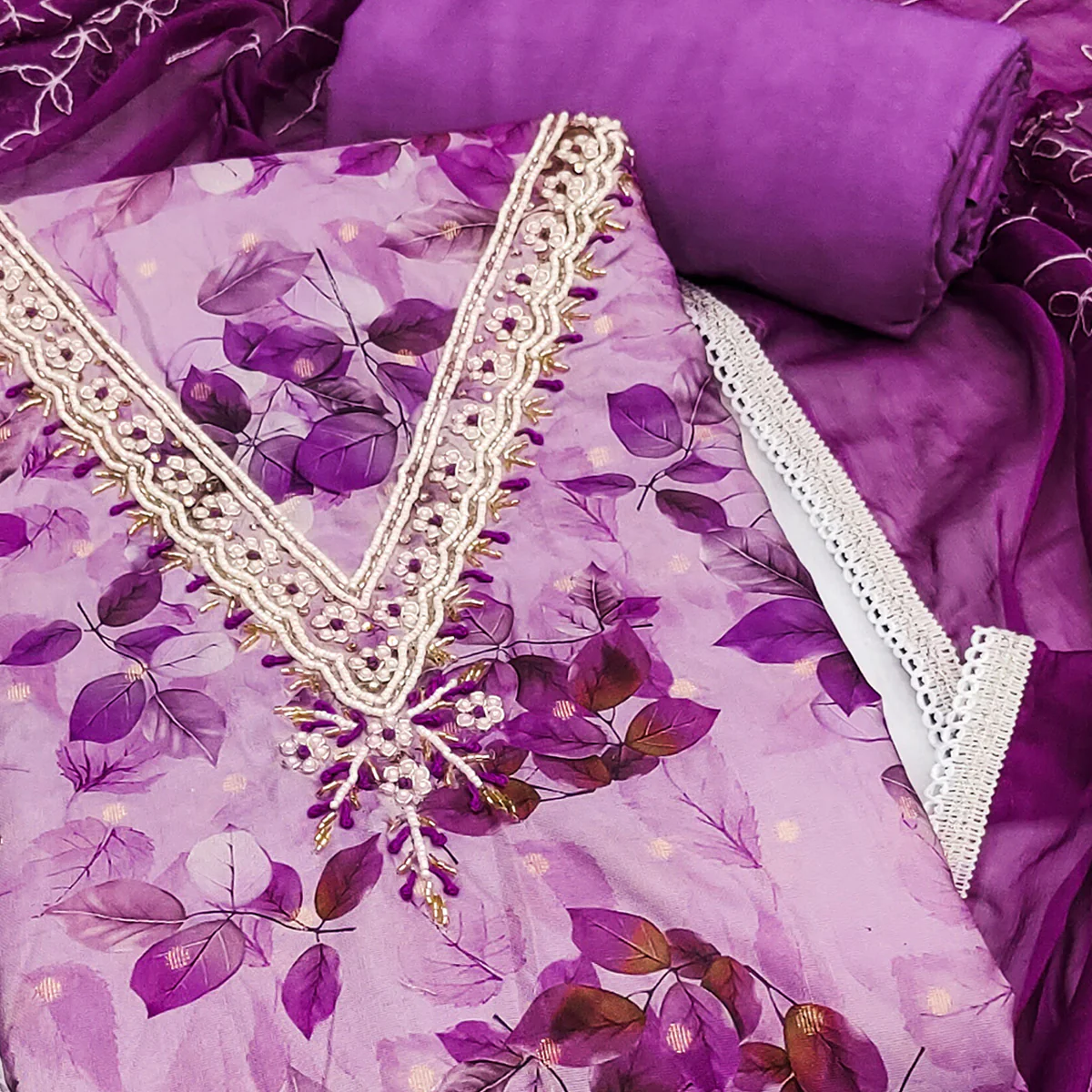 Purple Banarasi Silk Dress Material With Digital Print & Moti Handwork - Image 2