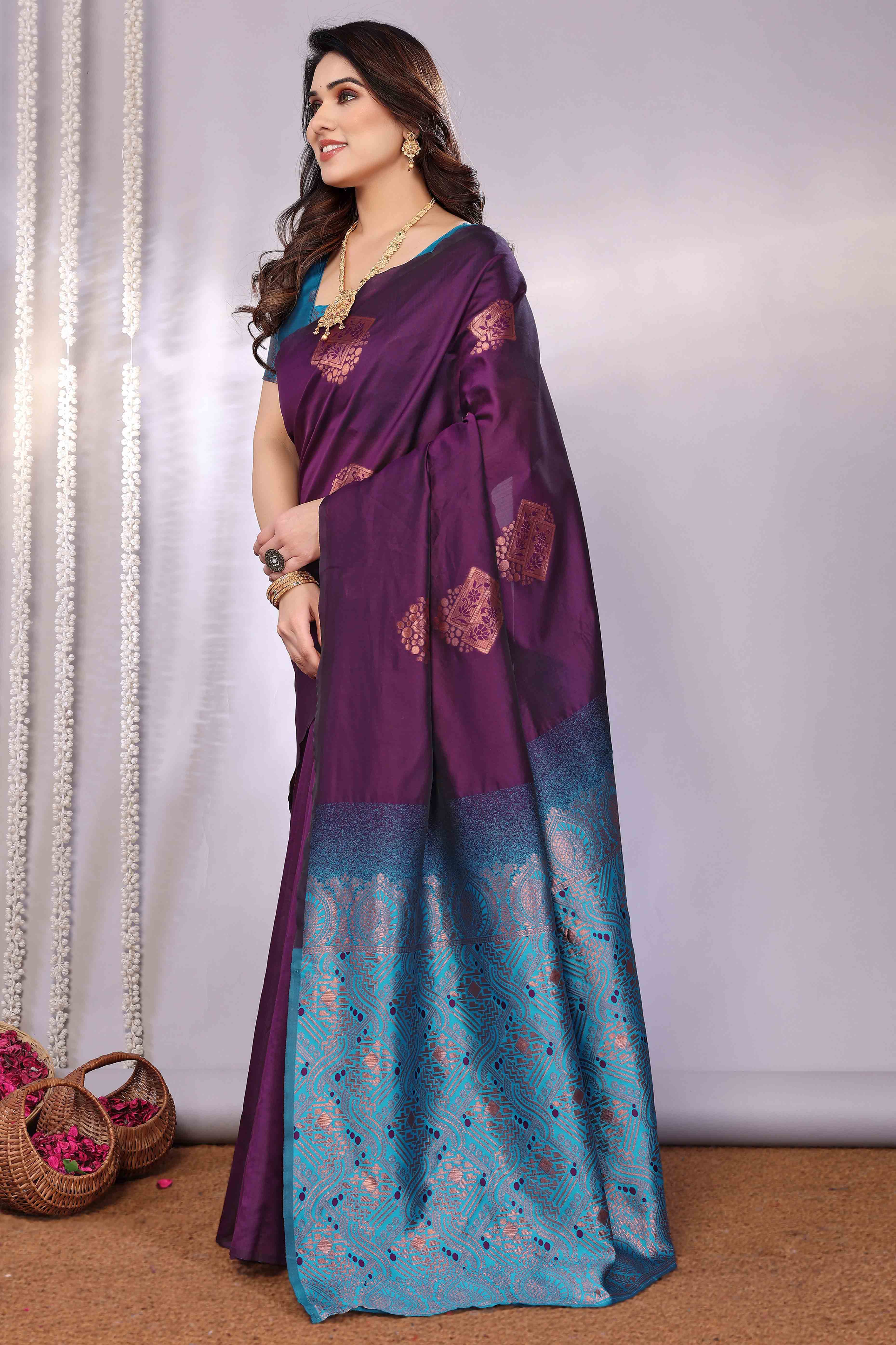 Purple Banarasi Silk Saree Adorned With Floral Zari Weaving - Image 4