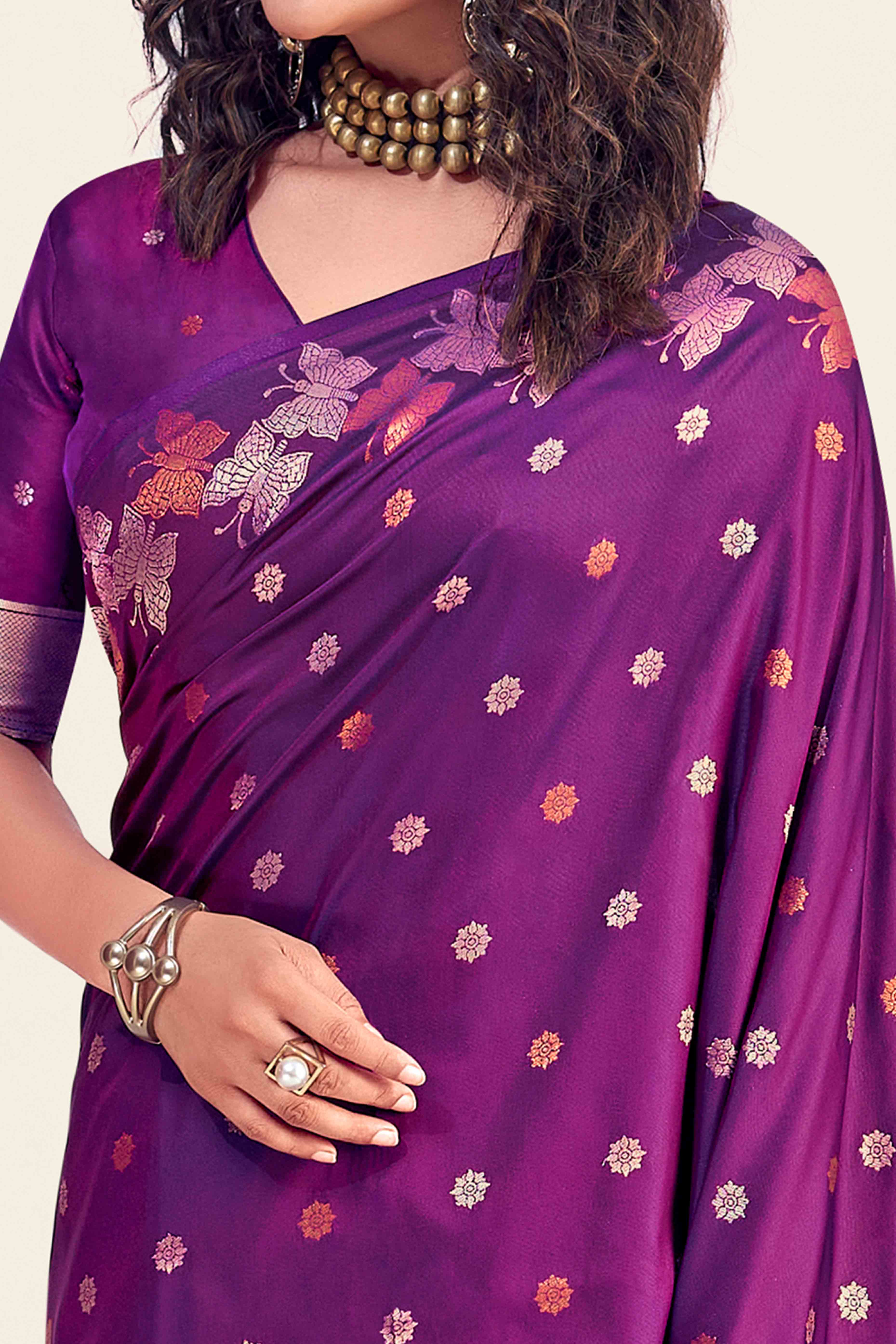 Purple Banarasi Silk Saree With Zari Woven Floral & Butterfly Motifs - Image 2