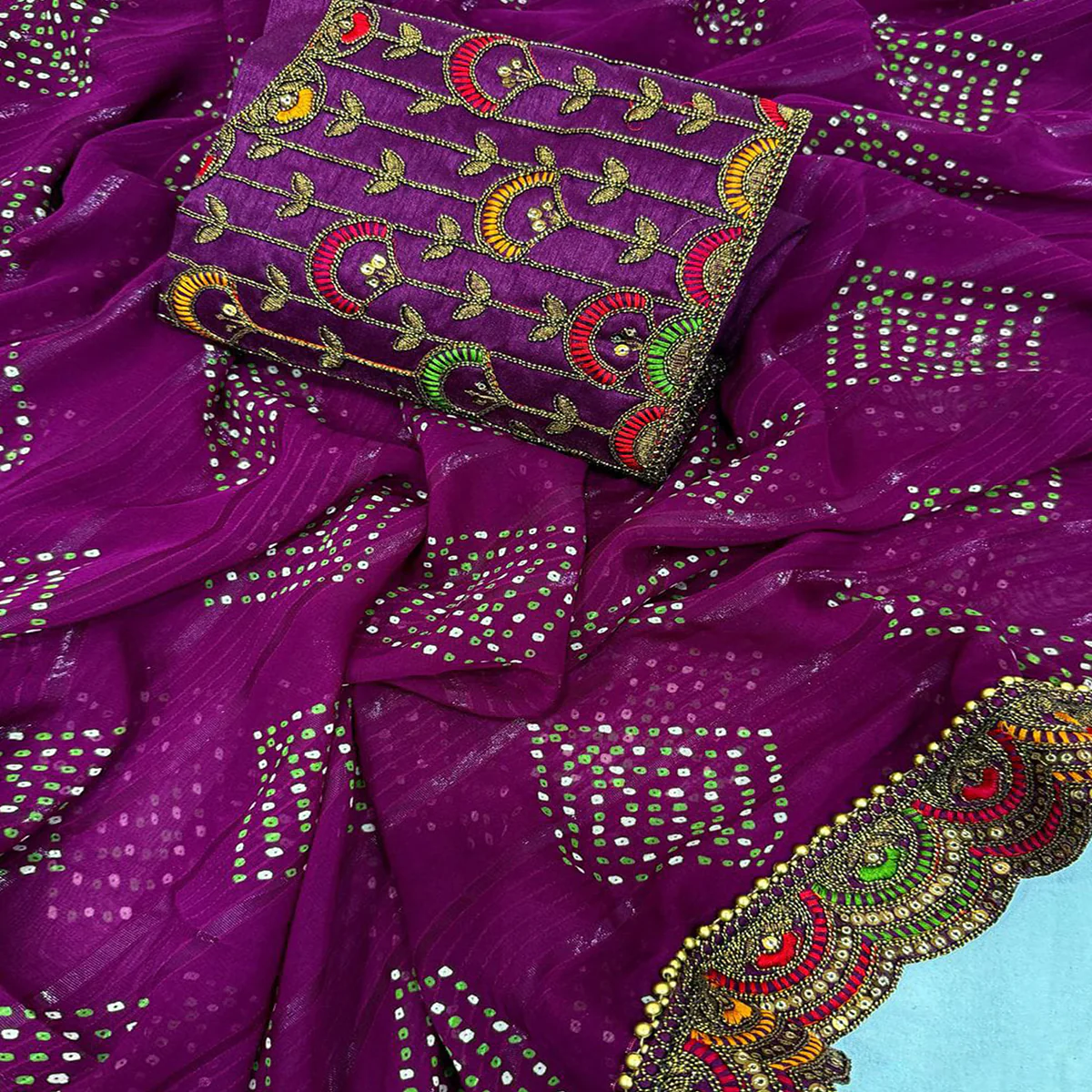 Purple Bandhani Printed Georgette Saree for Festive Wear with Lace Detailing - Image 2