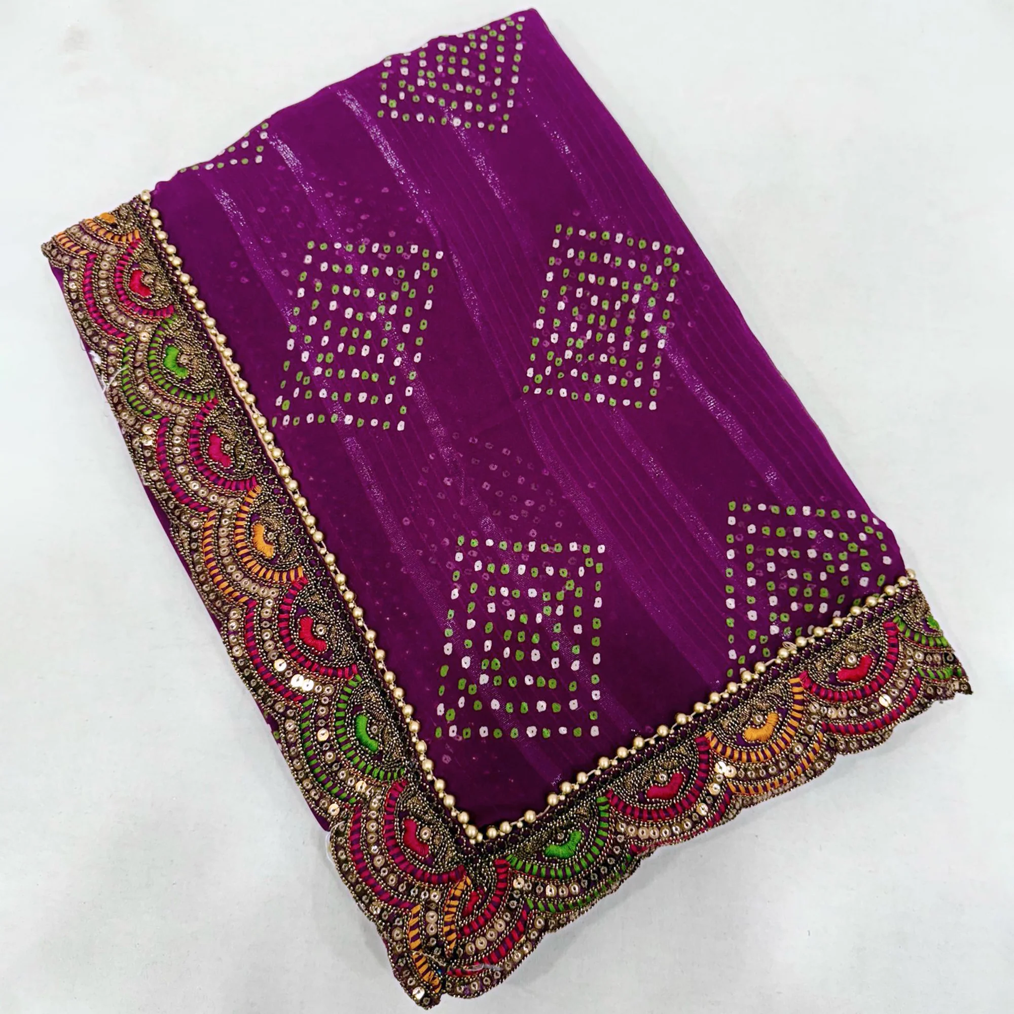Purple Bandhani Printed Georgette Saree for Festive Wear with Lace Detailing - Image 3