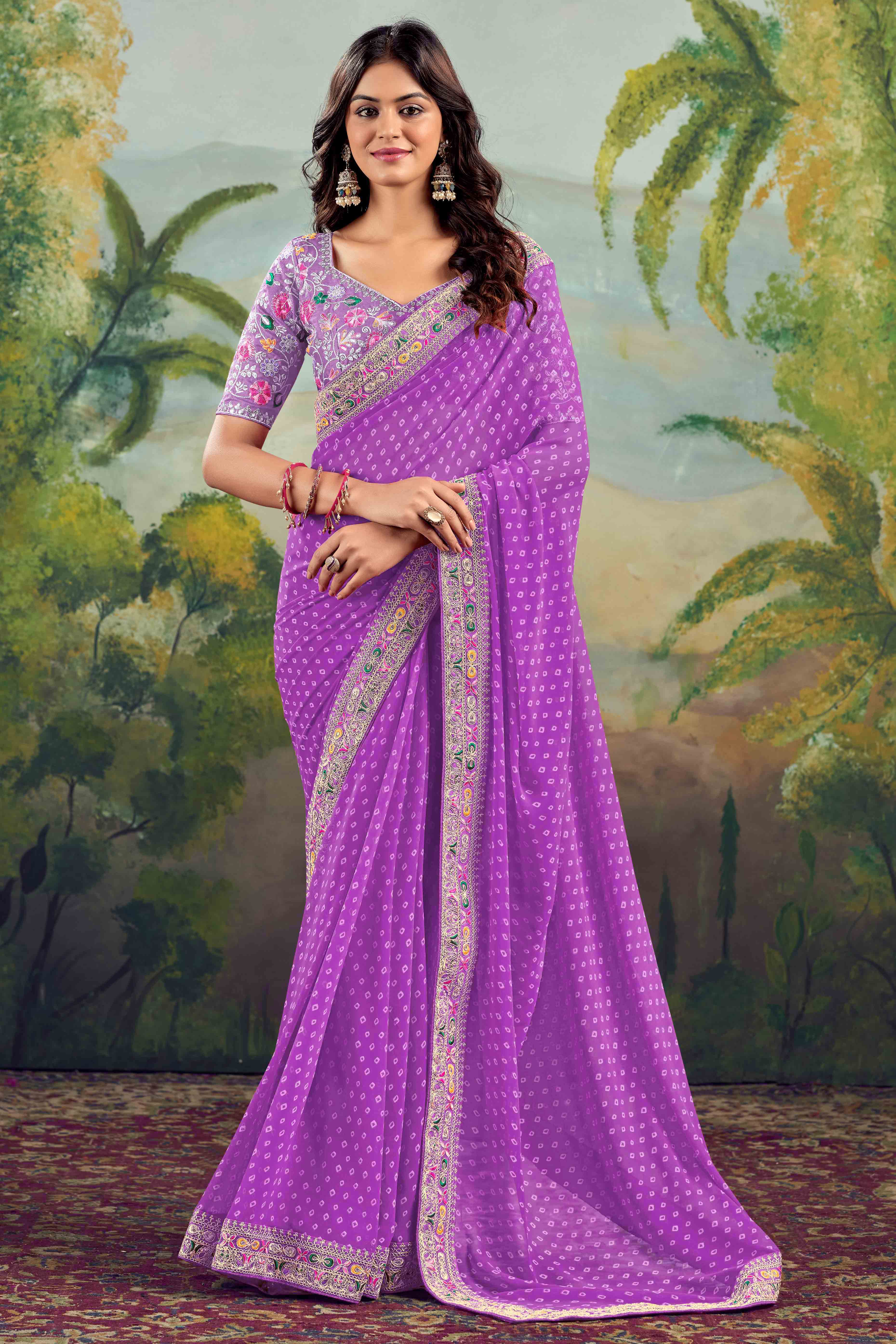 Purple Bandhani Printed Georgette Saree With Embroidered Border - Image 2