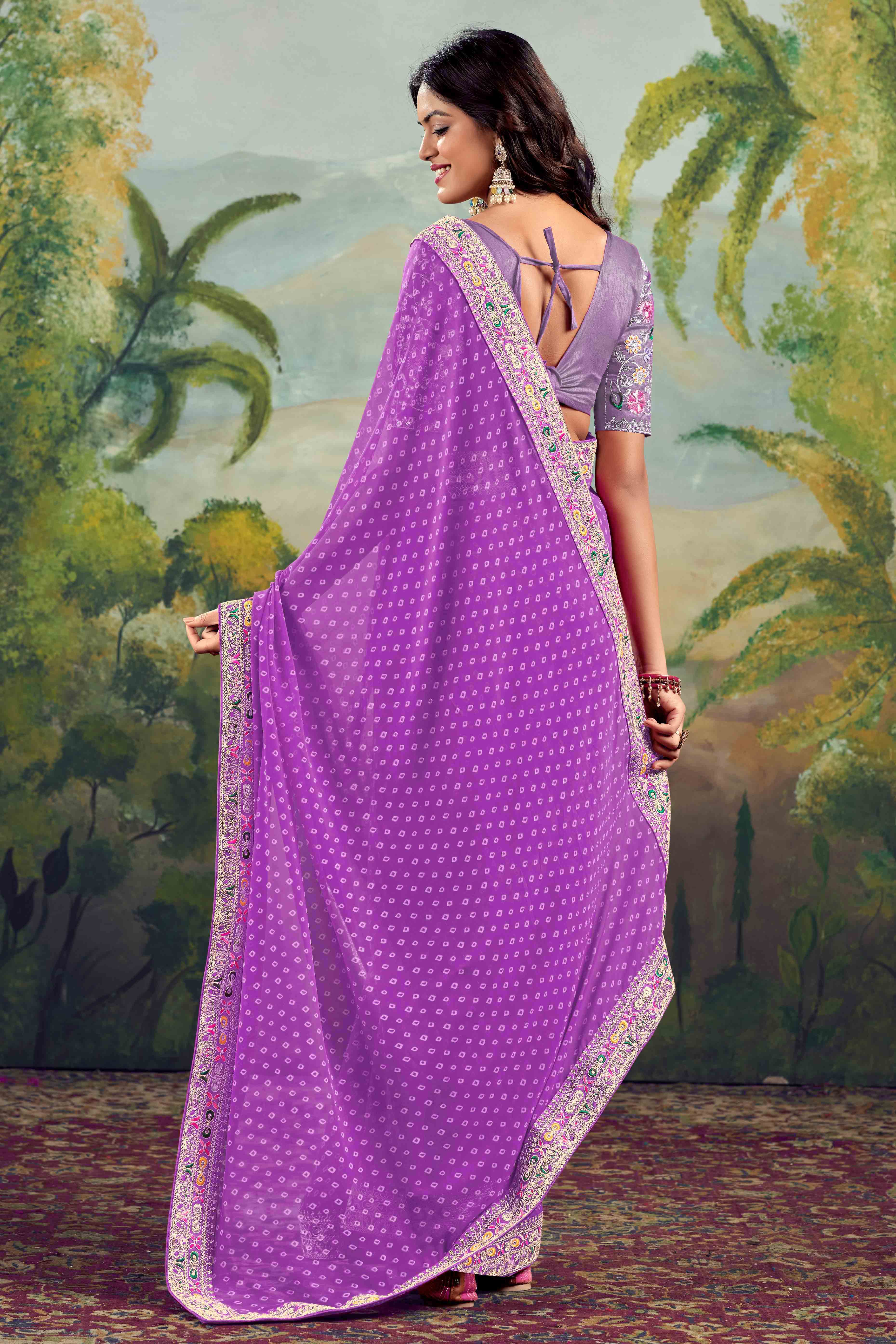 Purple Bandhani Printed Georgette Saree With Embroidered Border - Image 3