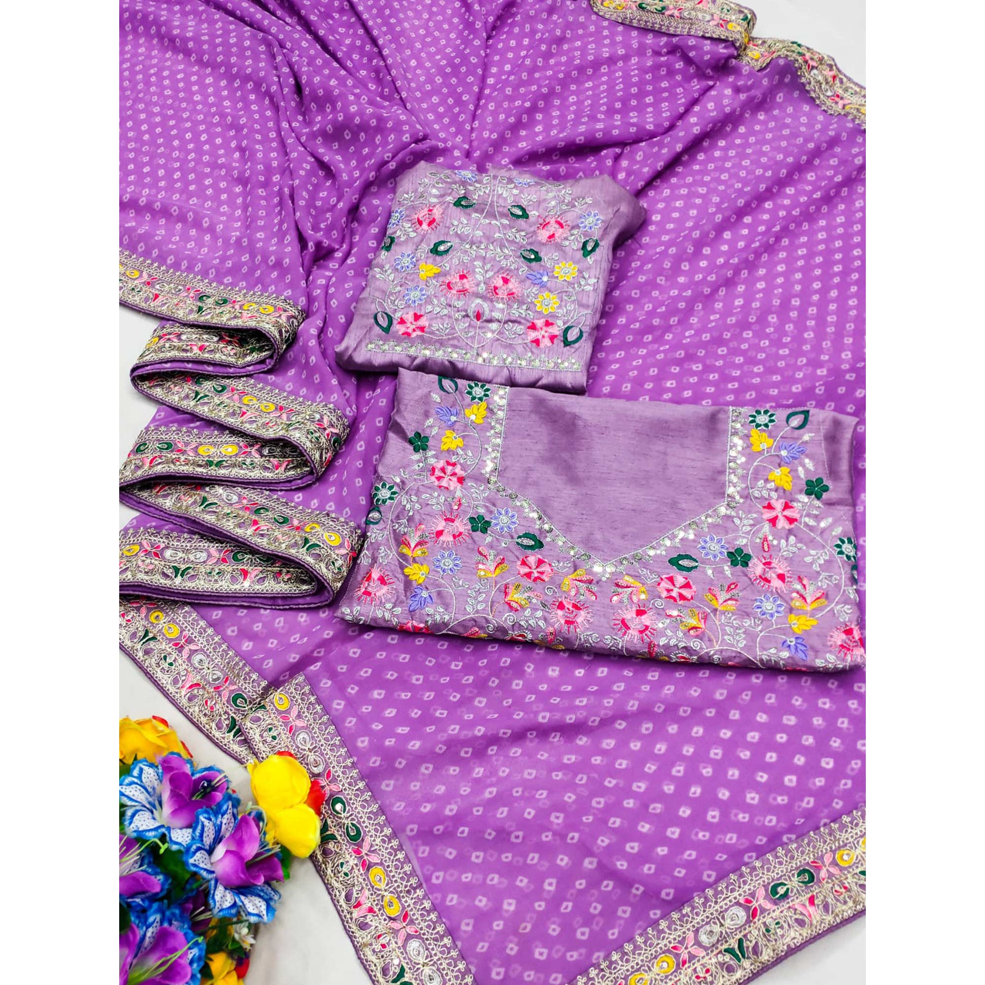 Purple Bandhani Printed Georgette Saree With Embroidered Border - Image 4