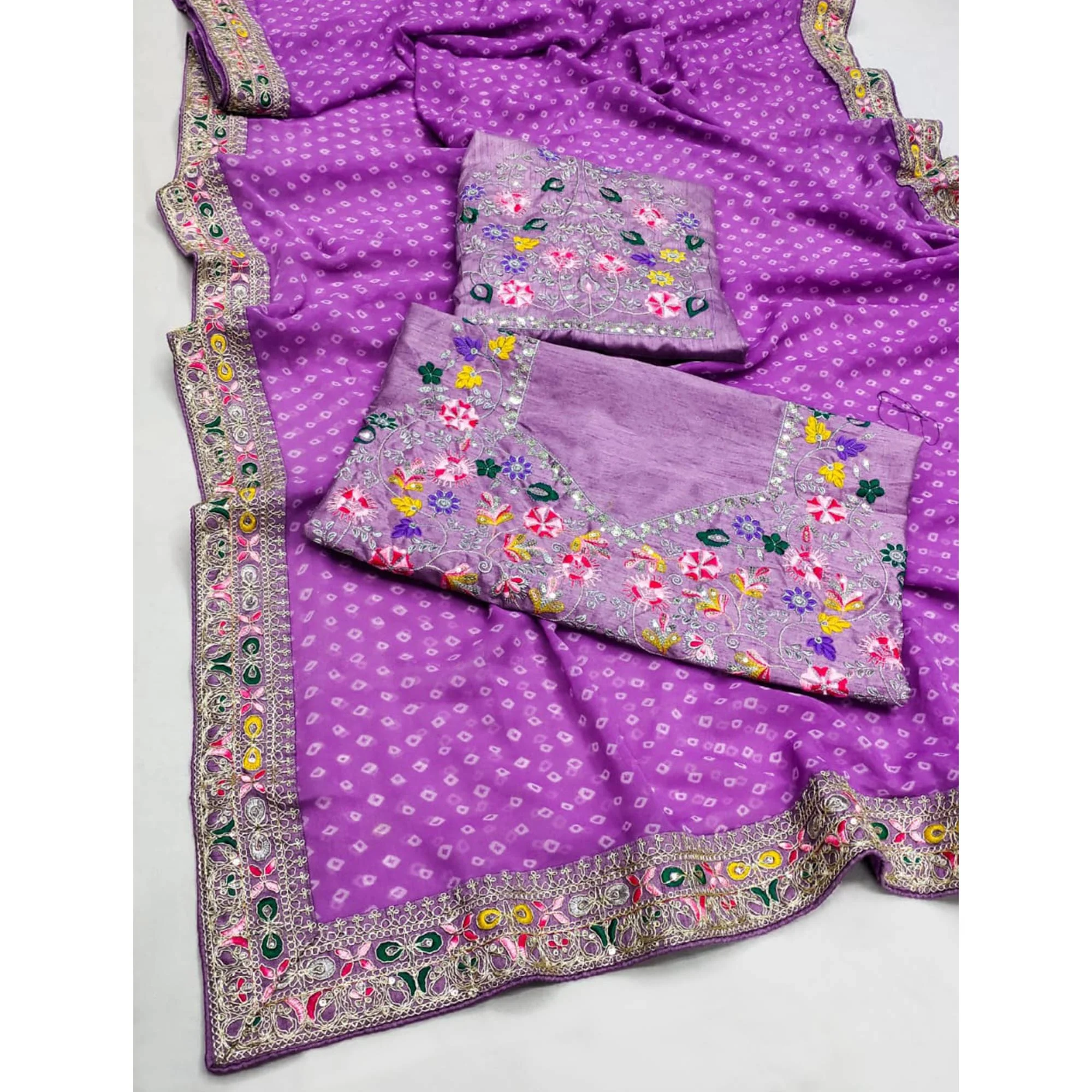 Purple Bandhani Printed Georgette Saree With Embroidered Border - Image 5