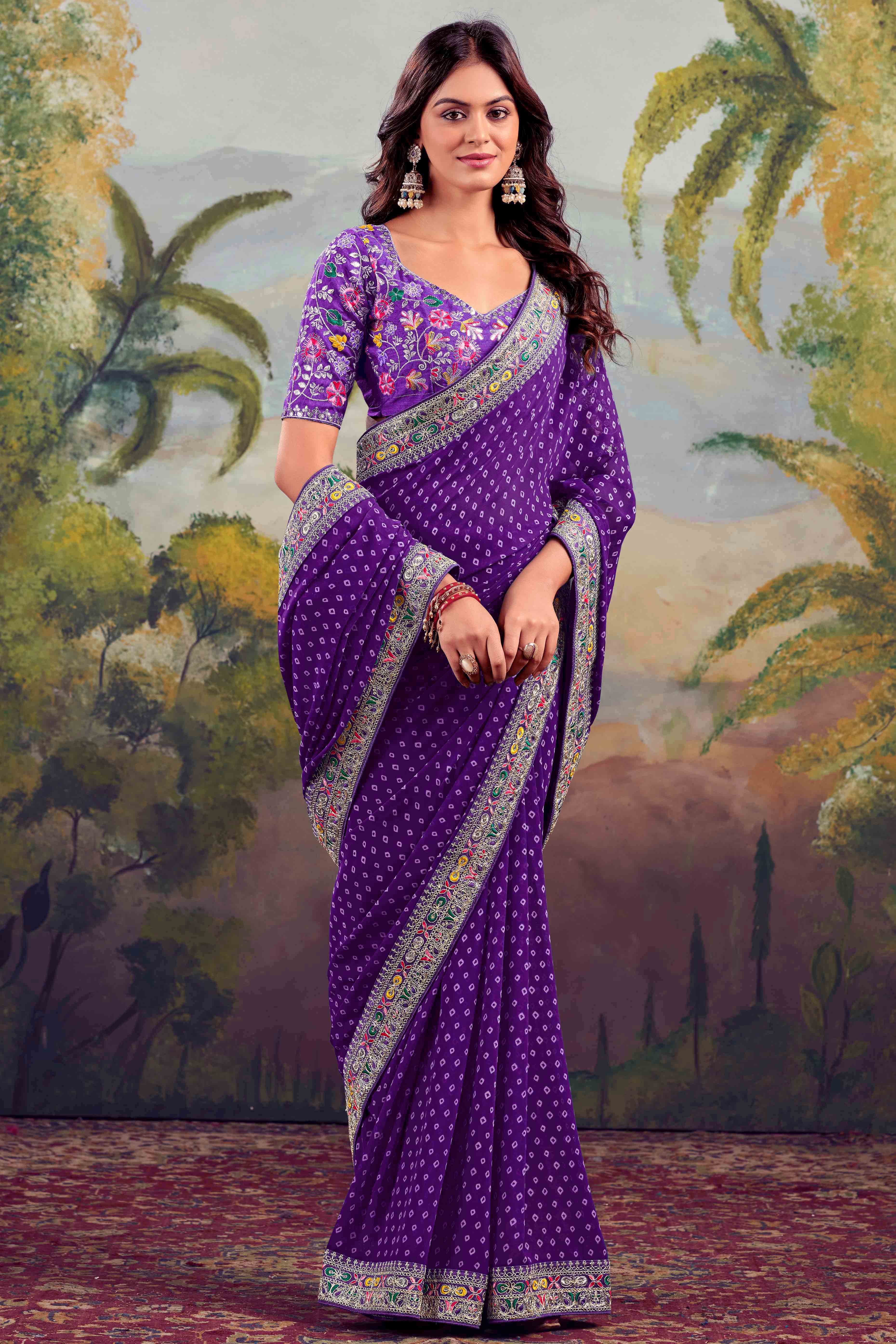 Purple Bandhani Printed Georgette Saree With Embroidered Border - Image 3