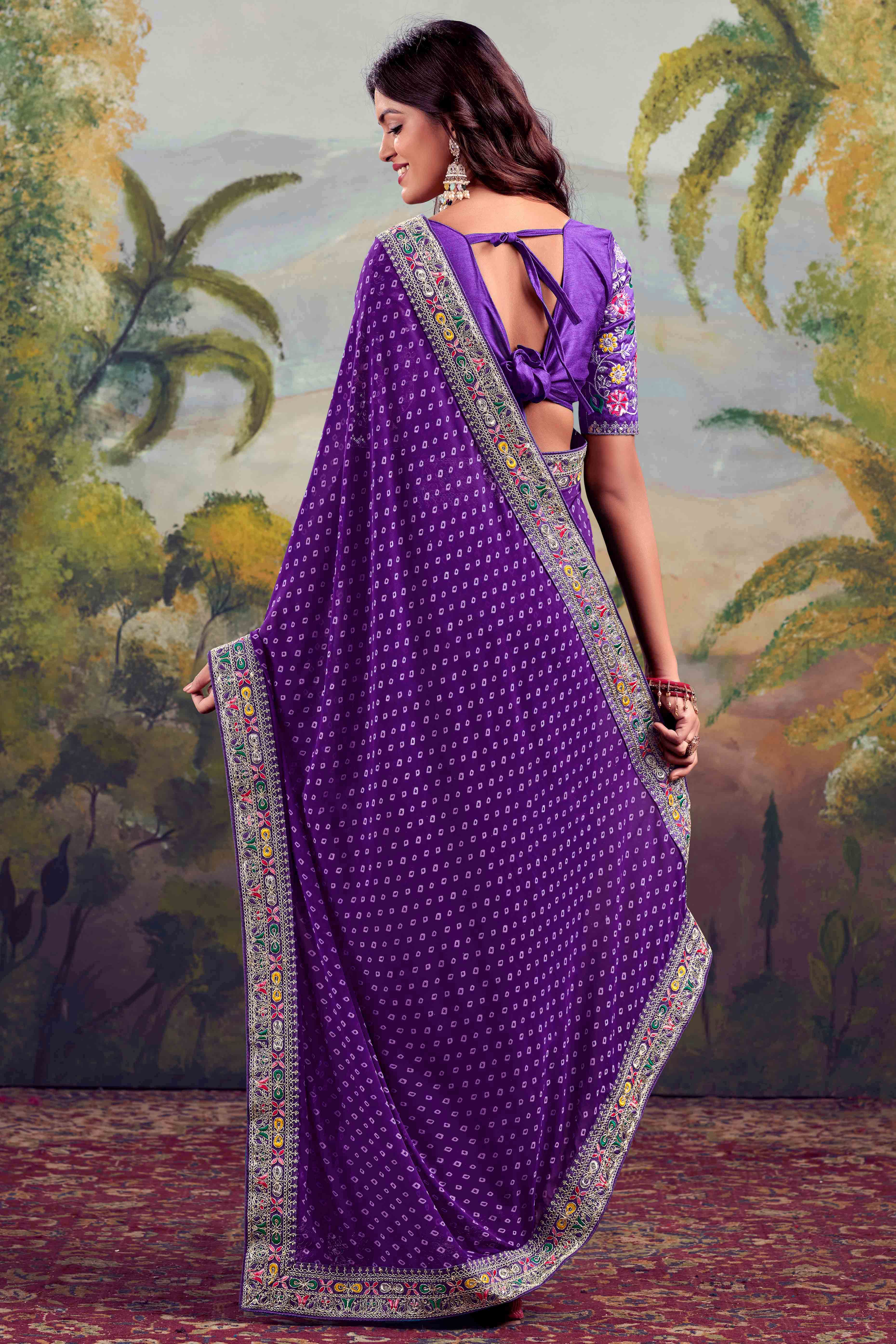 Purple Bandhani Printed Georgette Saree With Embroidered Border - Image 4