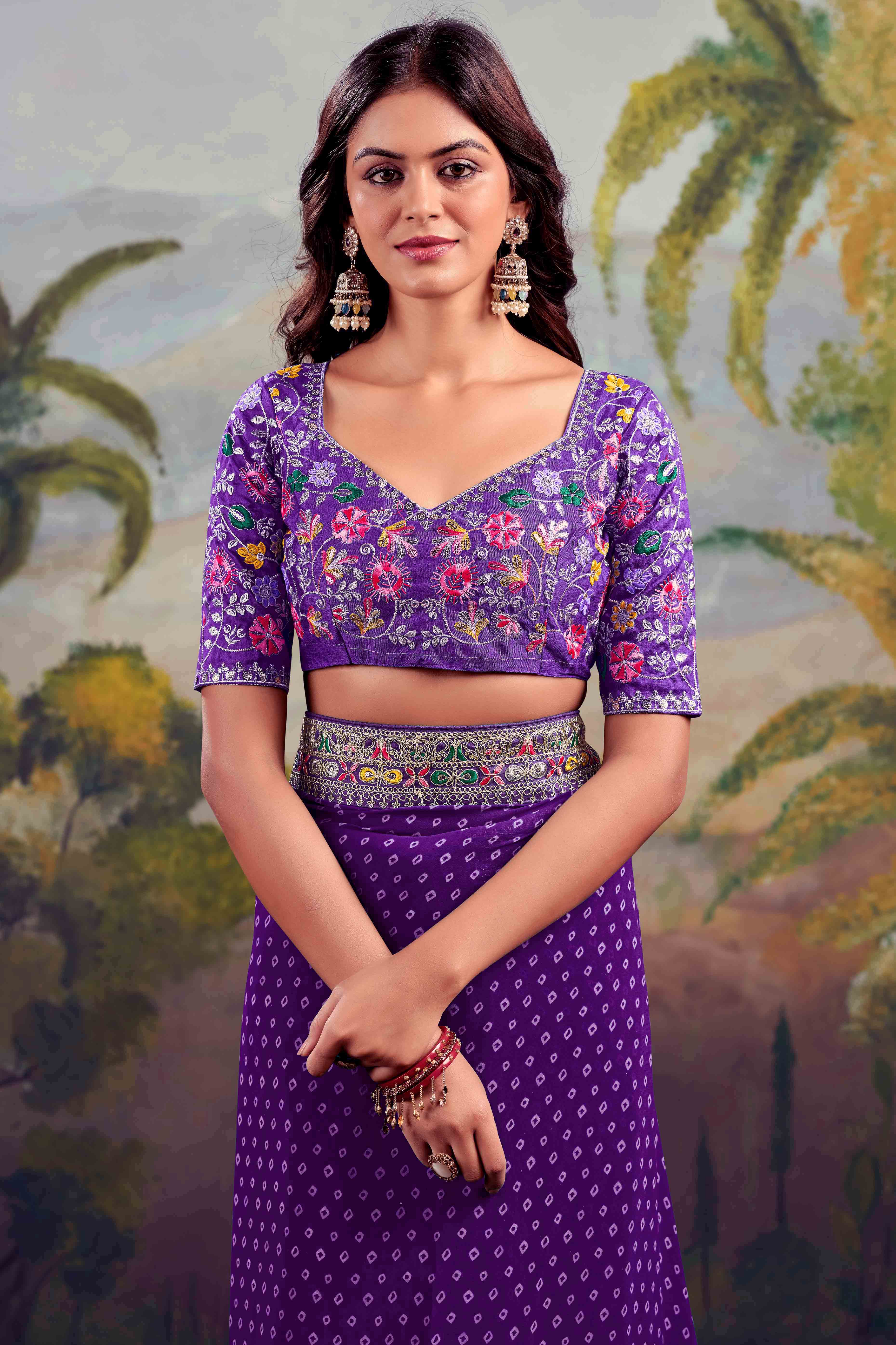 Purple Bandhani Printed Georgette Saree With Embroidered Border - Image 6