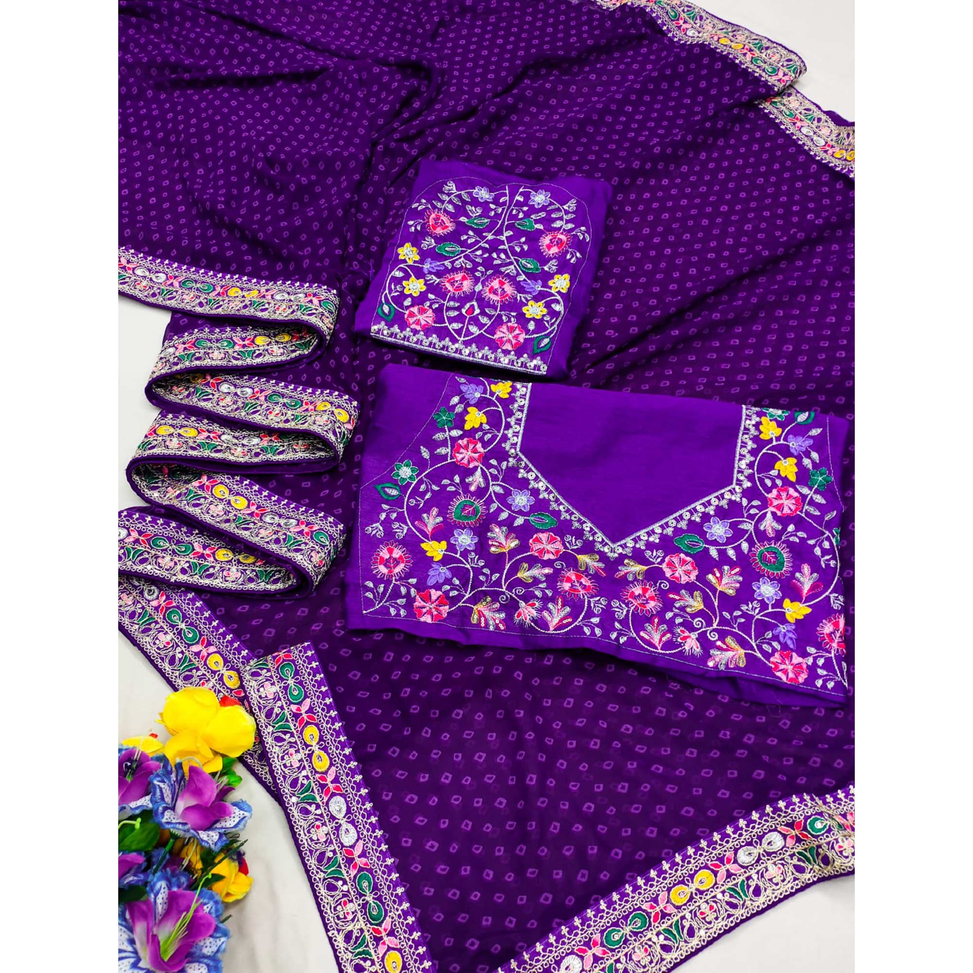 Purple Bandhani Printed Georgette Saree With Embroidered Border - Image 7
