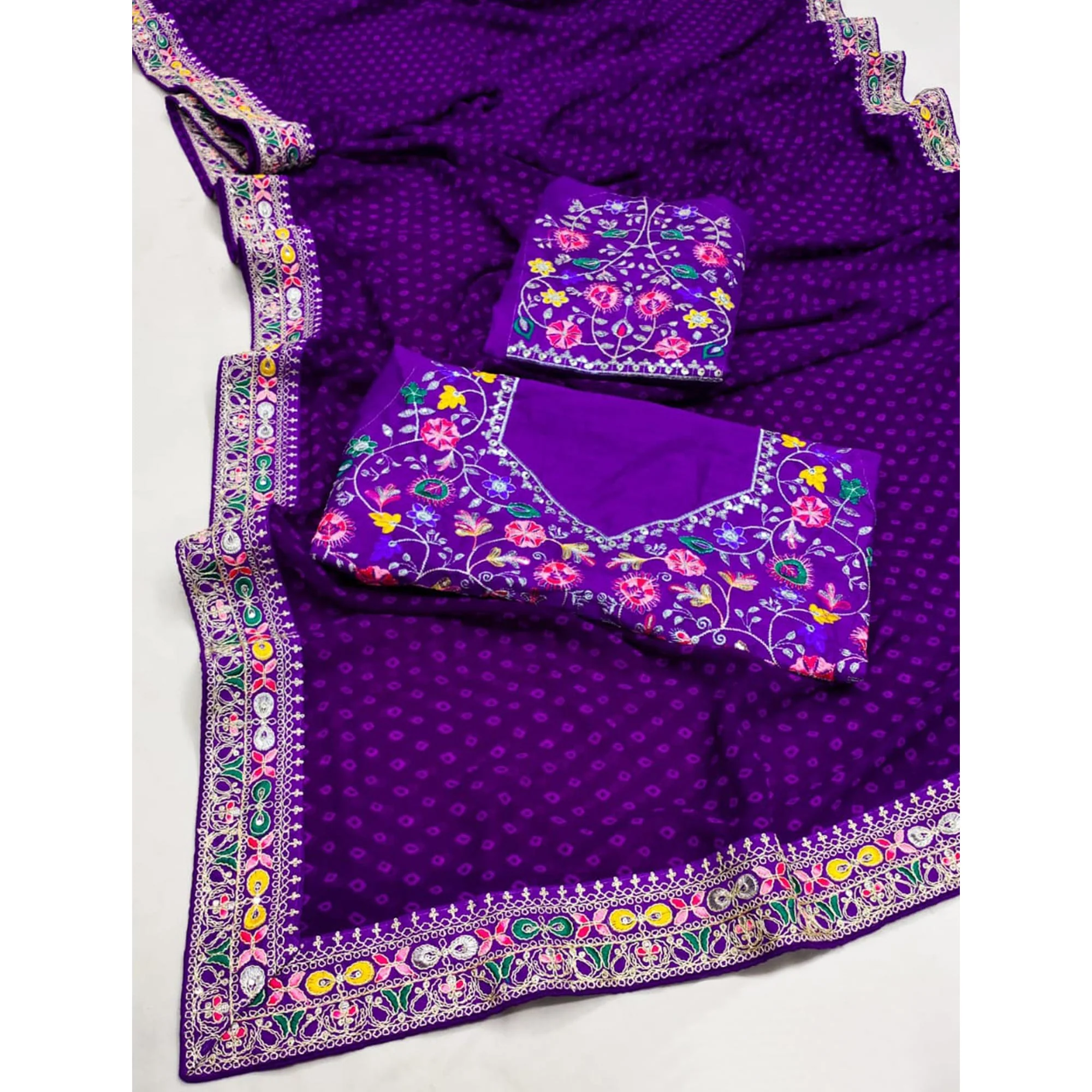 Purple Bandhani Printed Georgette Saree With Embroidered Border - Image 8