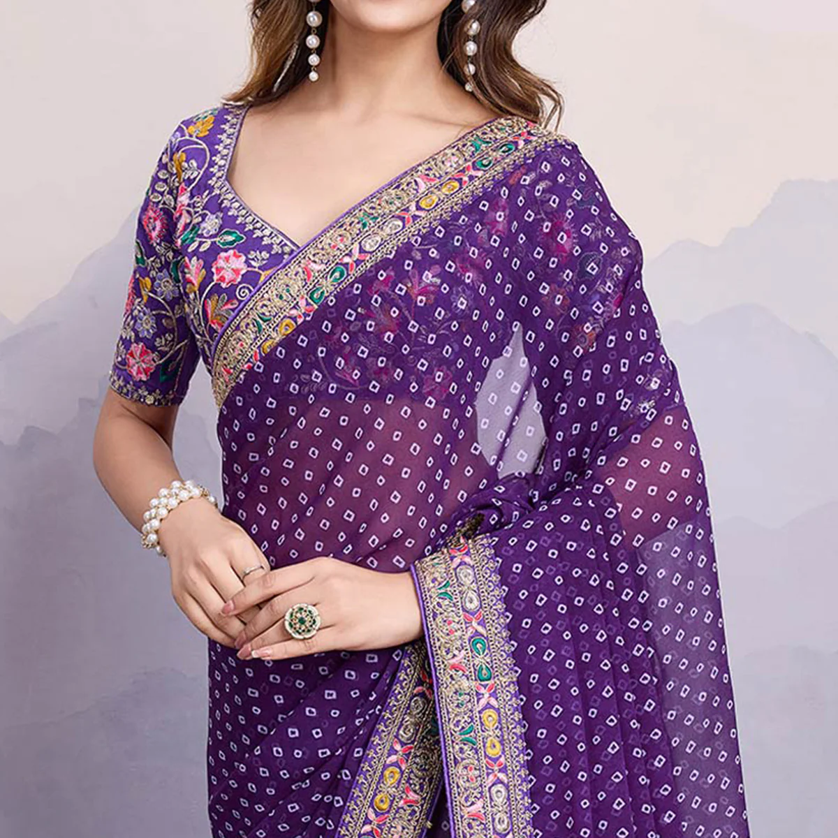 Purple Bandhani Printed Georgette Saree With Embroidered Lace Border - Image 3