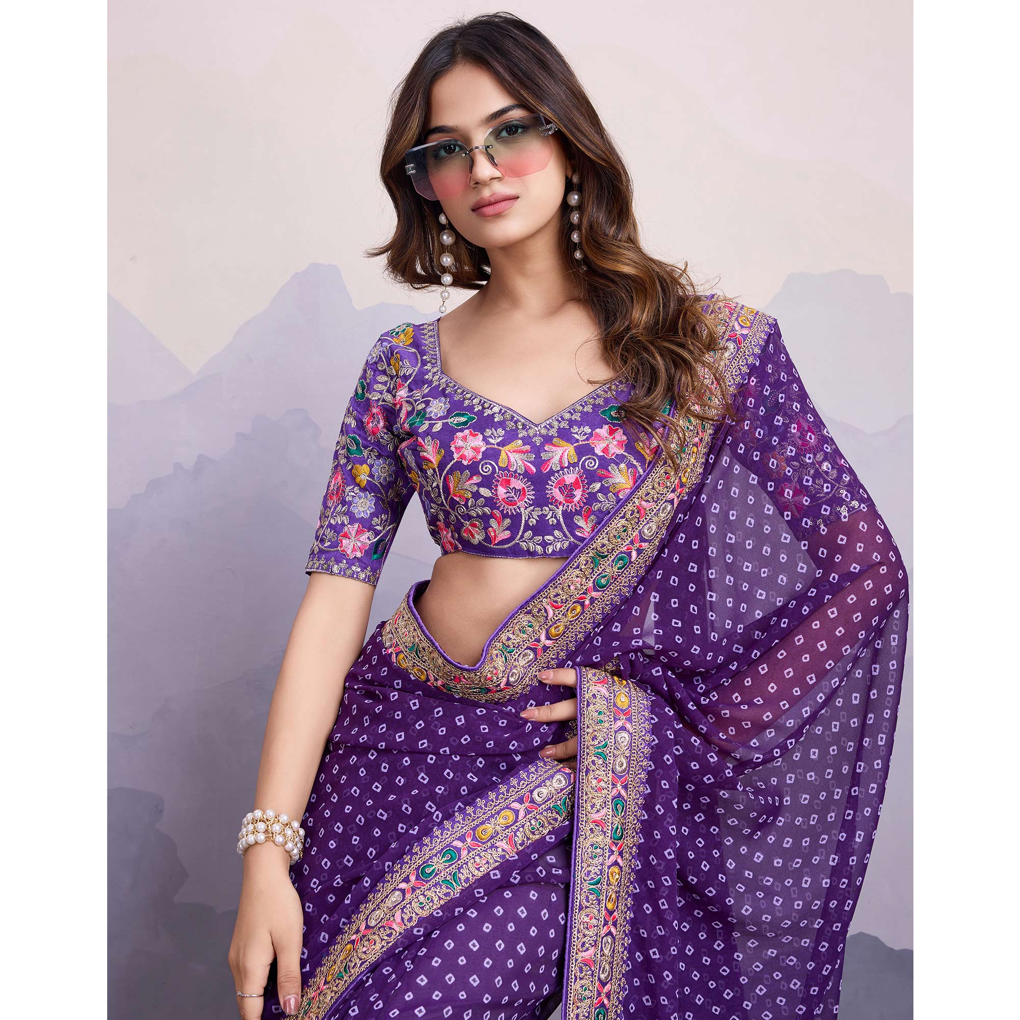 Purple Bandhani Printed Georgette Saree With Embroidered Lace Border - Image 7