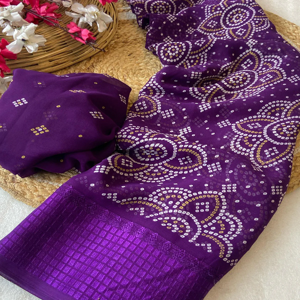 Purple Bandhani Printed Georgette Saree With Viscose Border - Image 2