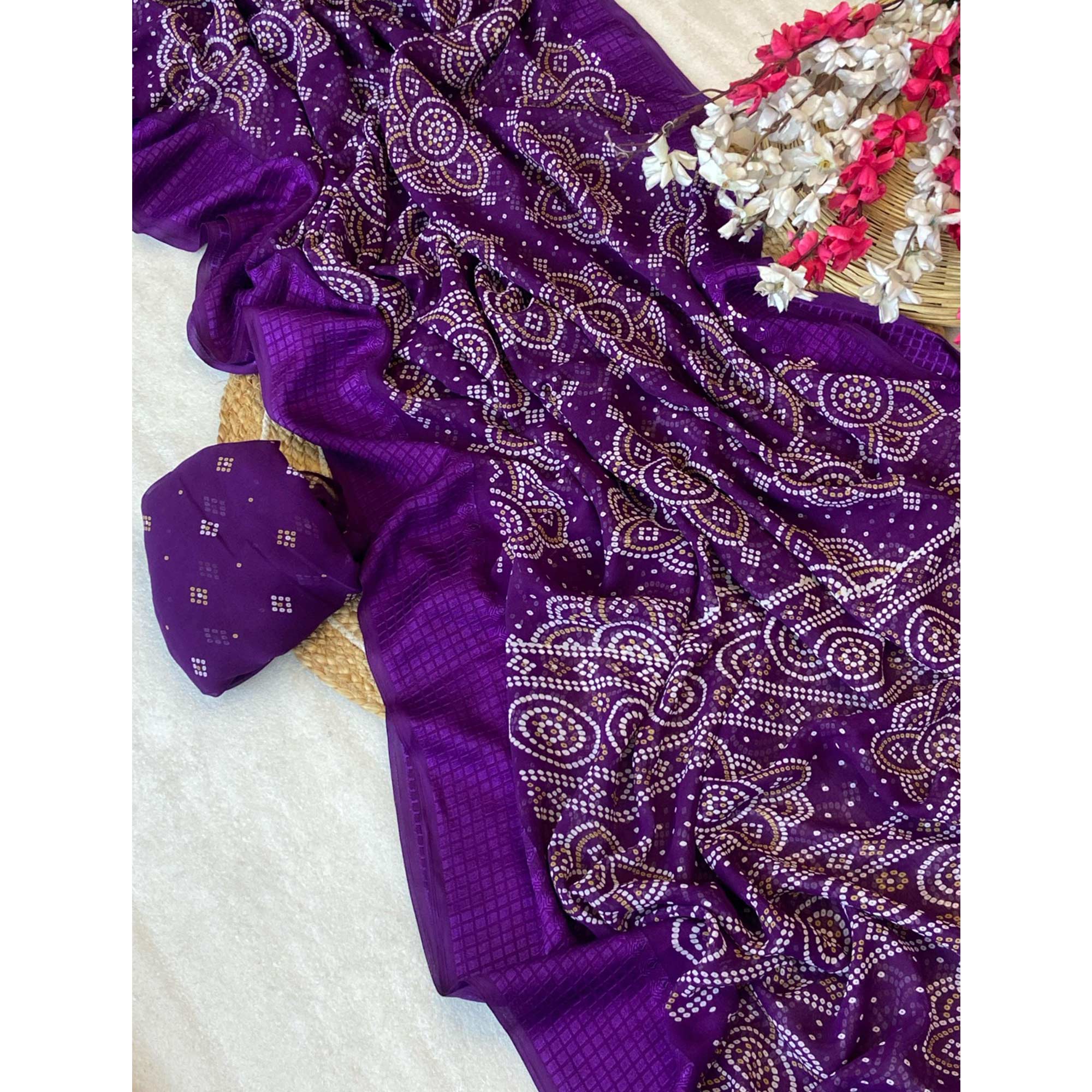 Purple Bandhani Printed Georgette Saree With Viscose Border - Image 3