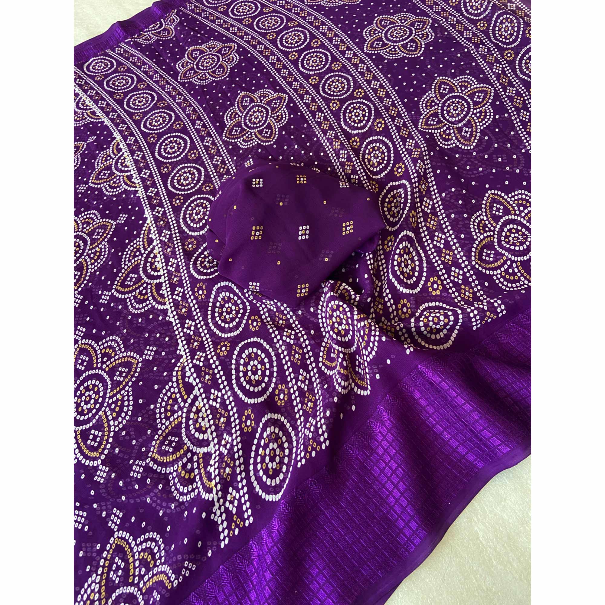 Purple Bandhani Printed Georgette Saree With Viscose Border - Image 4