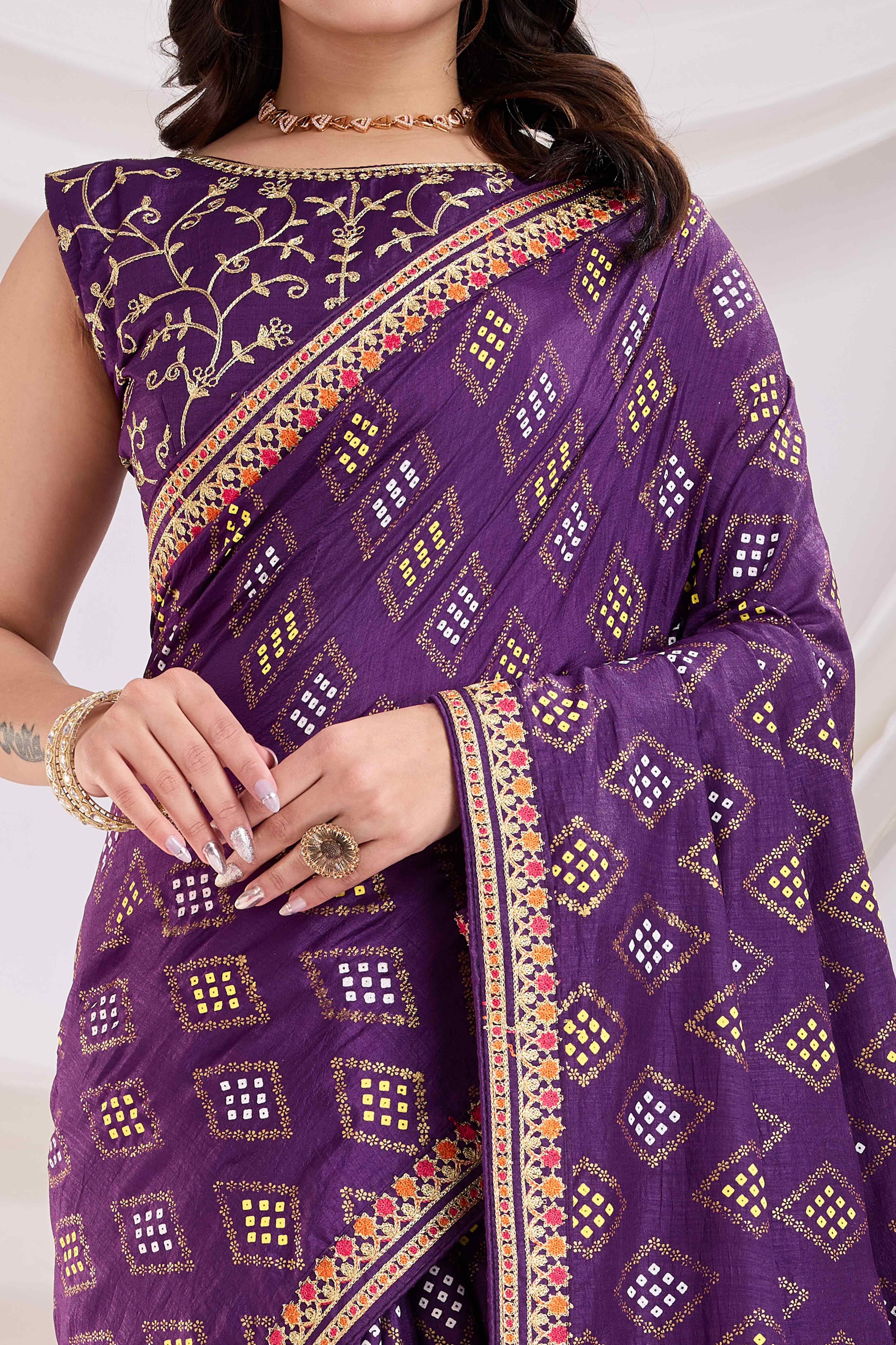 Purple Bandhani Printed Vichitra Silk Saree With Embroidery Border - Image 2