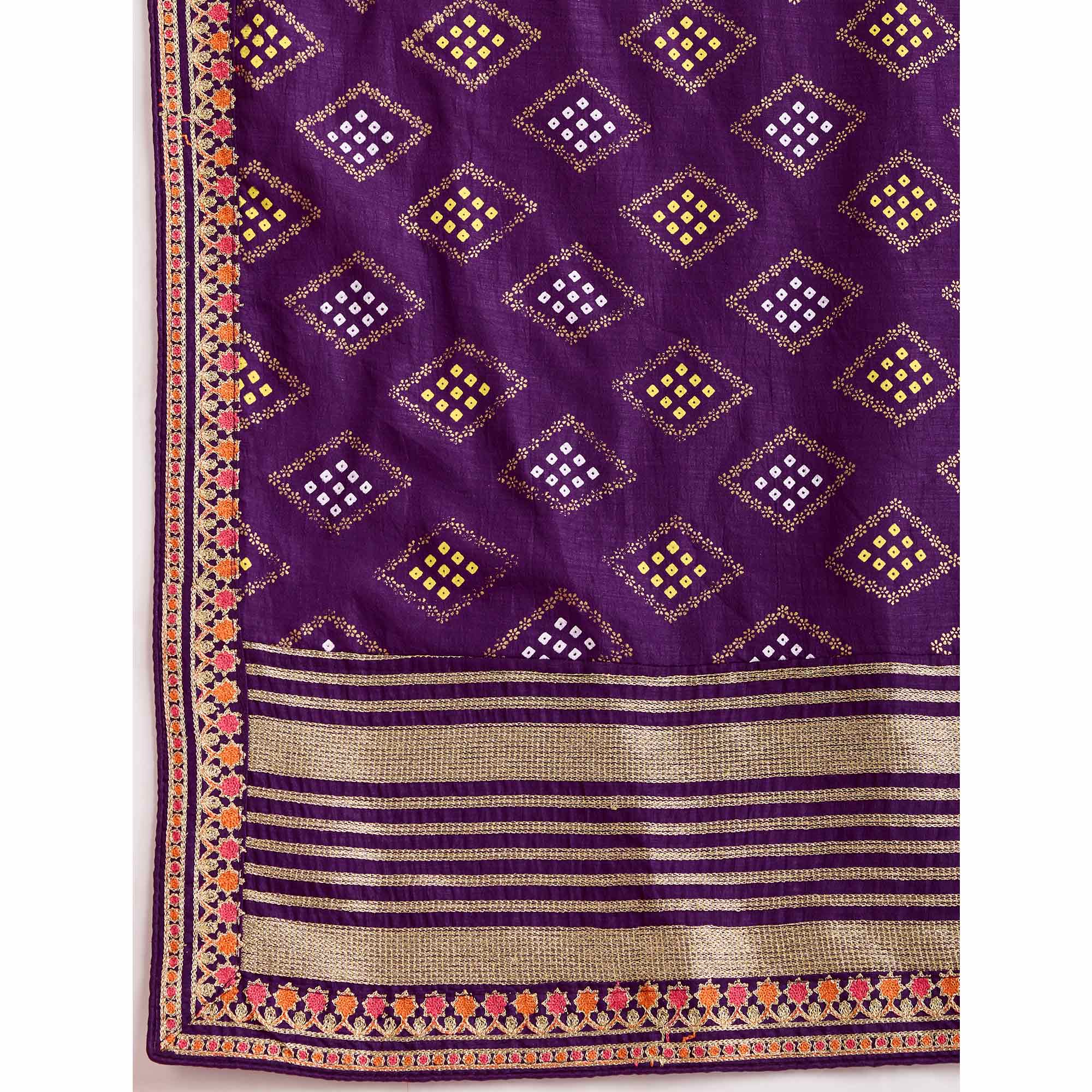 Purple Bandhani Printed Vichitra Silk Saree With Embroidery Border - Image 8