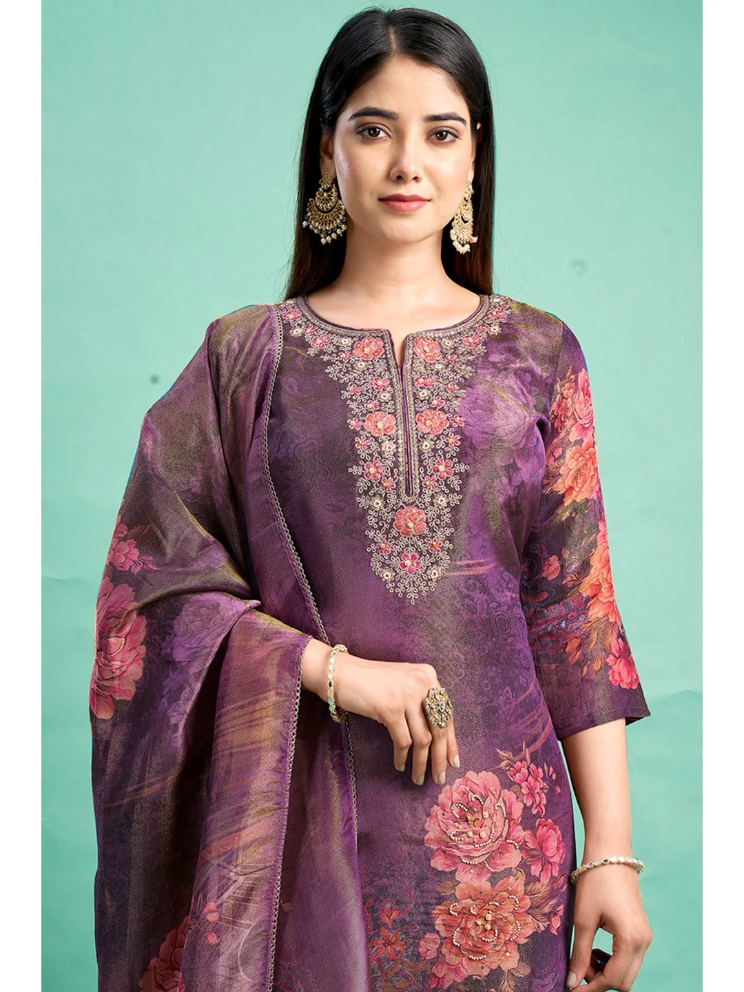 Purple Bandhani Printed With Embroidery Work Pure Viscose Salwar Suit - Image 3