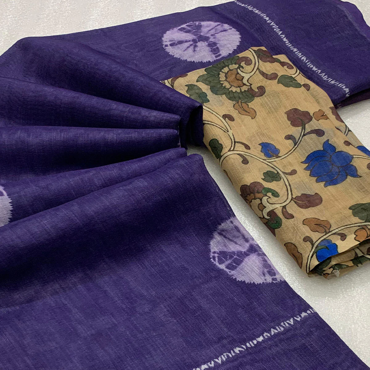 Purple Batik Printed Linen Saree - Image 2