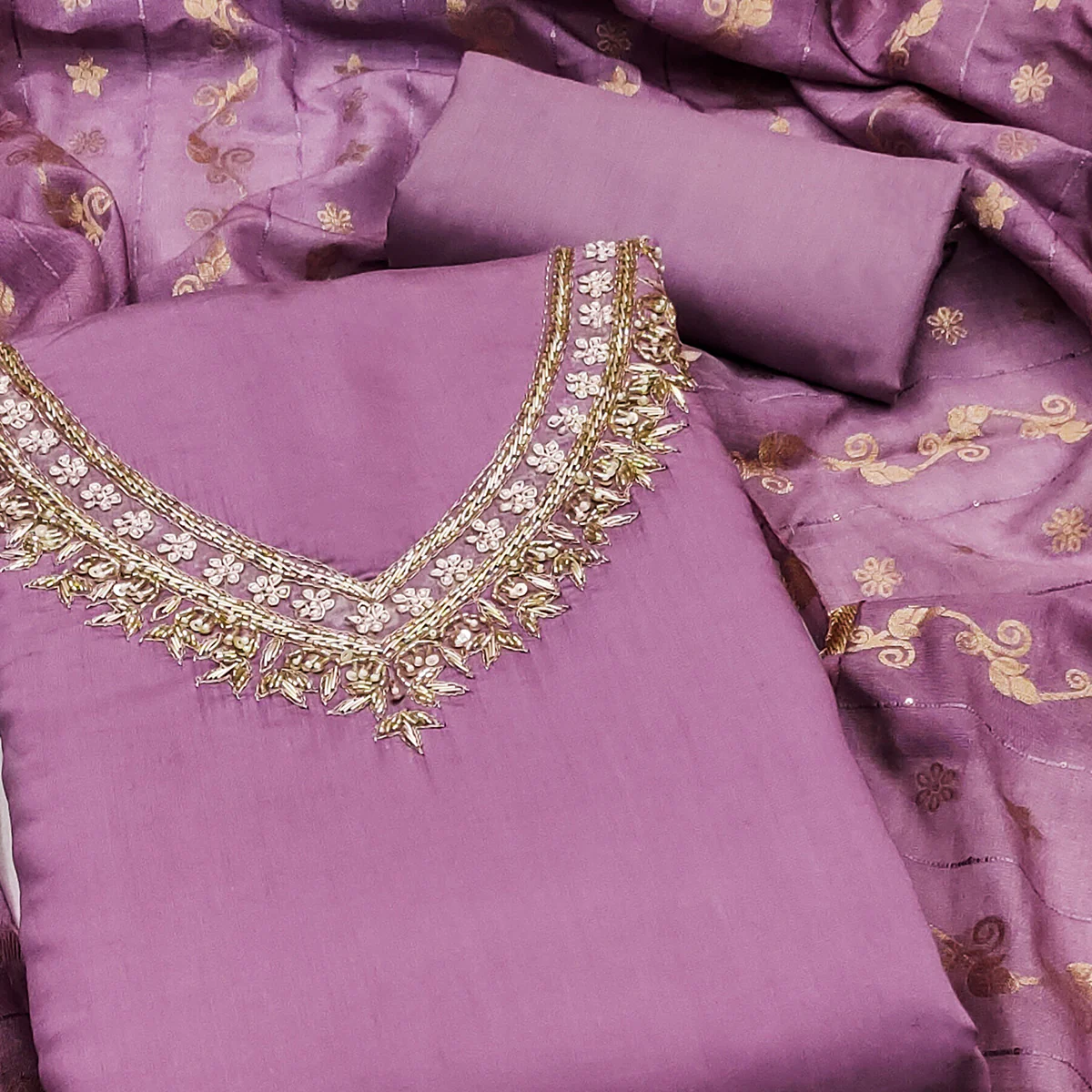 Purple Beads Embroidered Viscose Dress Material - Image 2