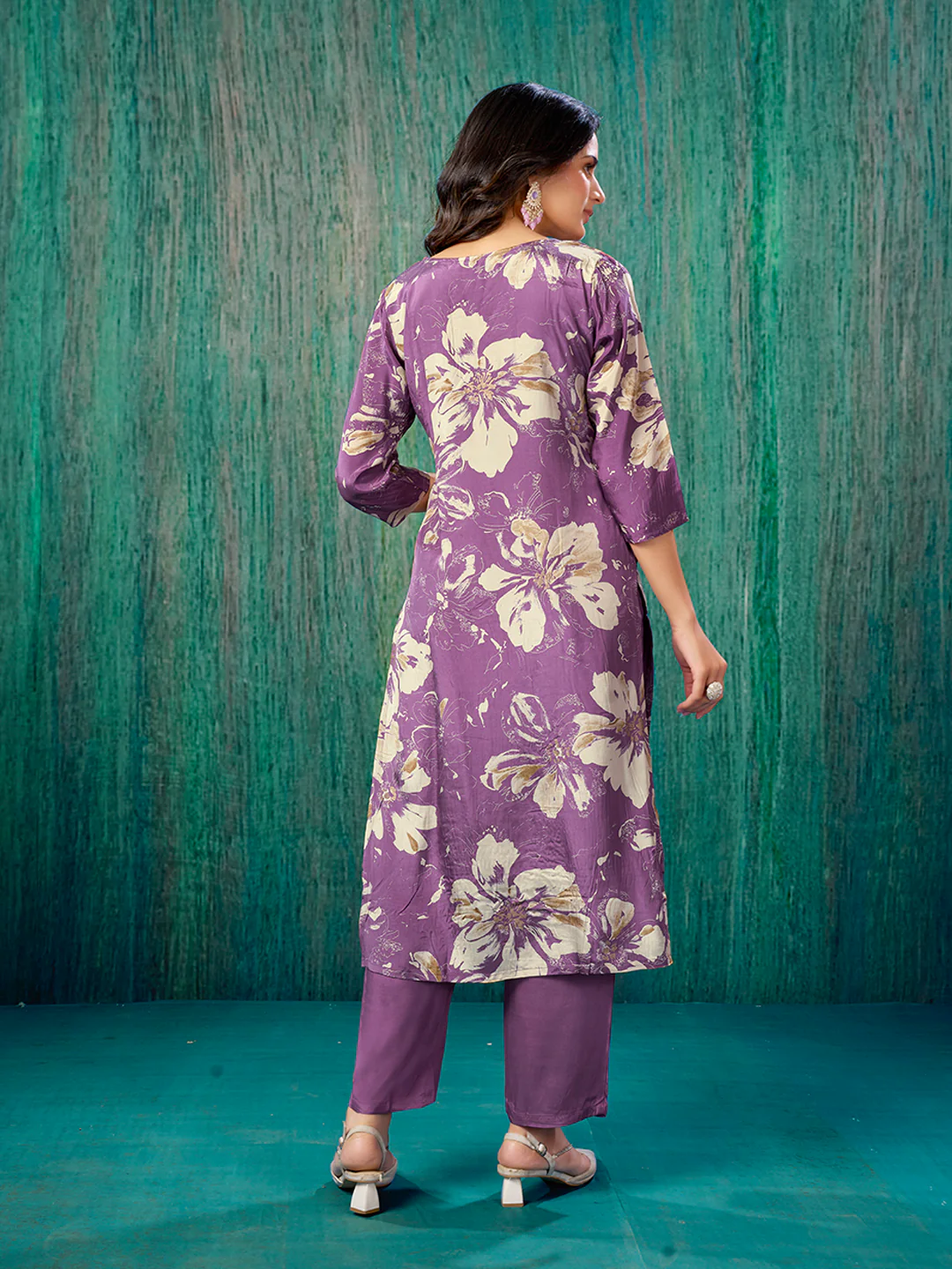 Purple Beads Work Printed Muslin Straight Salwar Suit - Image 6