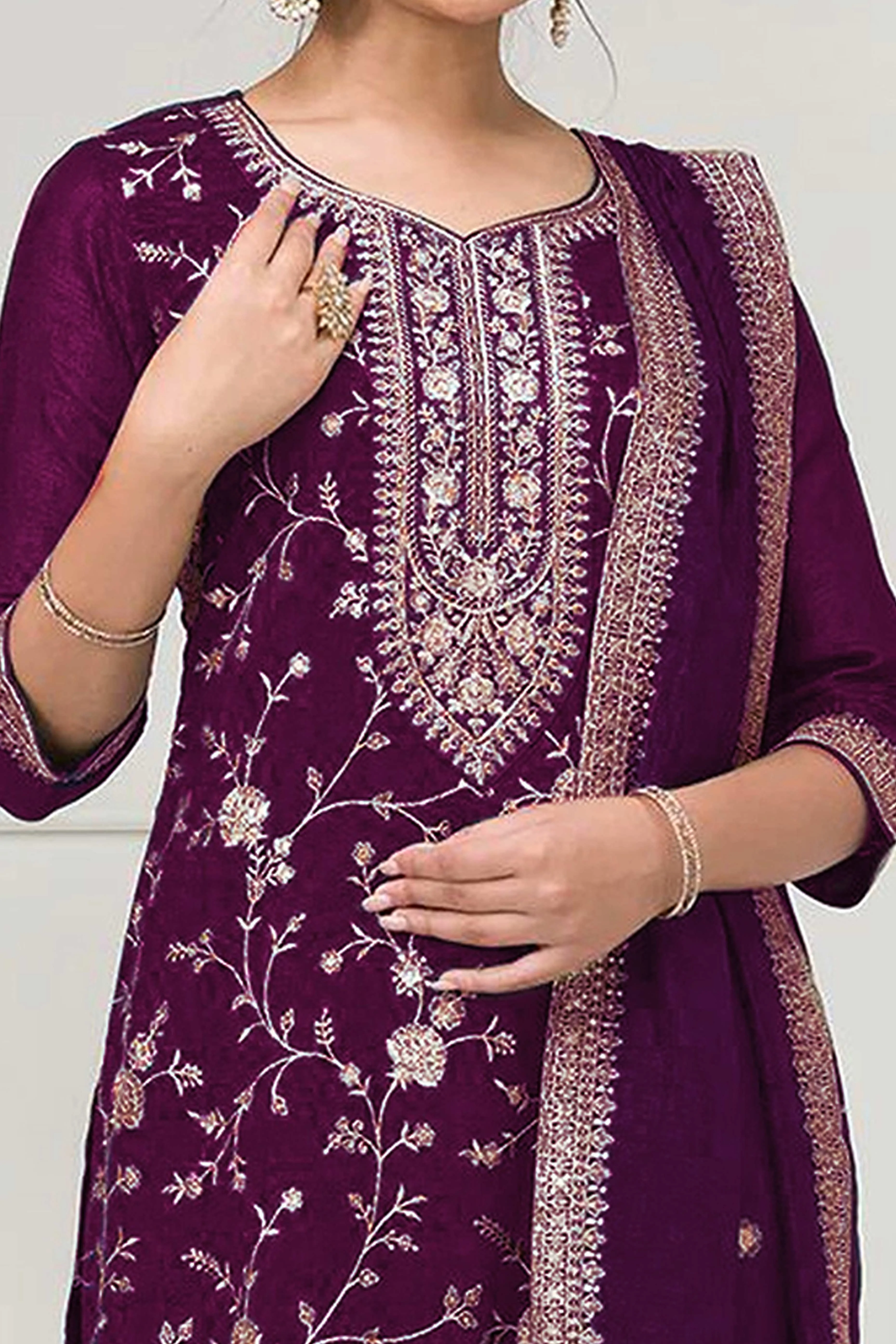 Purple Beautiful Embroidered Pakistani Style Semi-Stitched Salwar Suit in Soft Georgette Fabric - Image 2