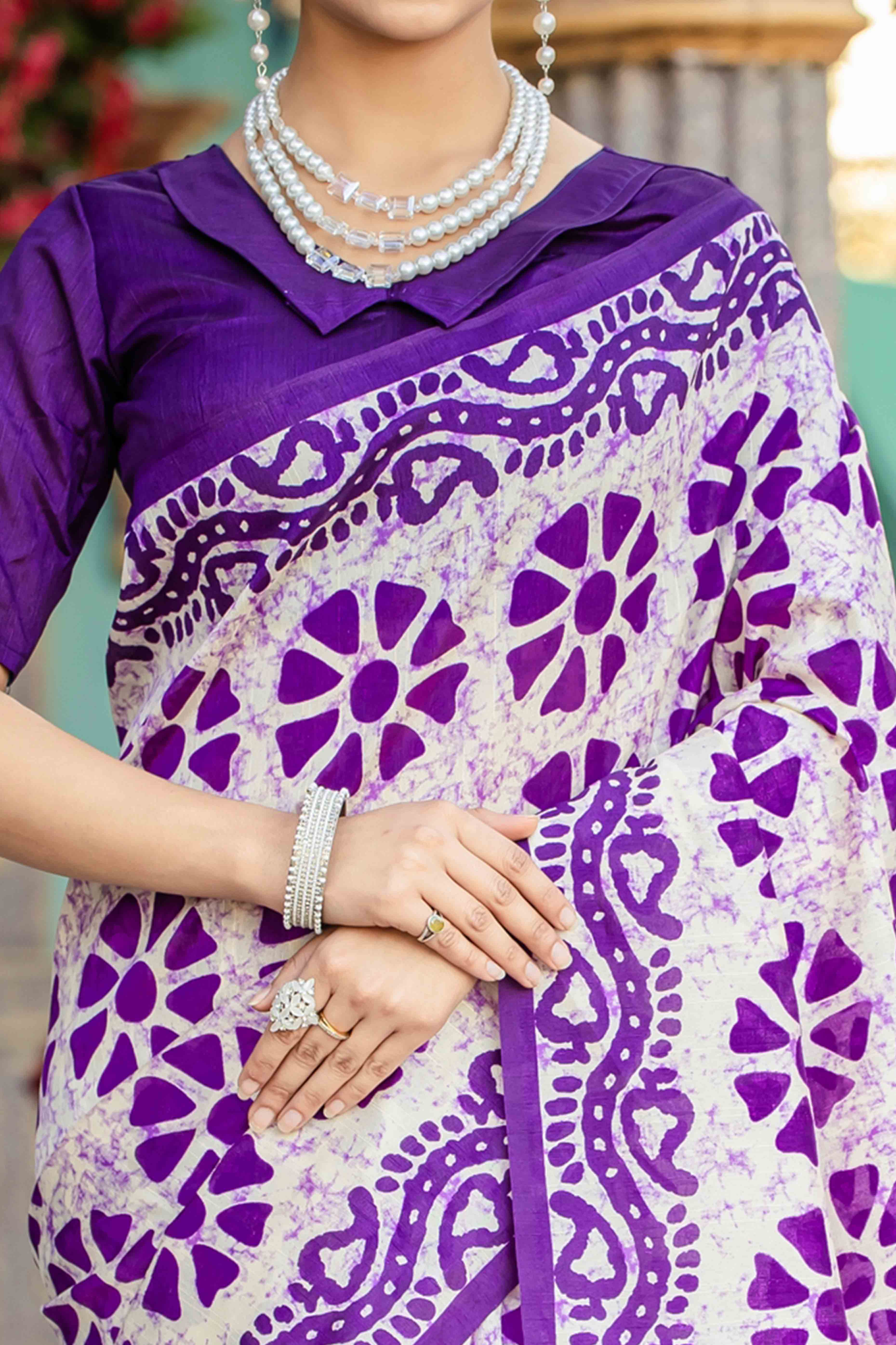 Purple Bhagalpuri Silk Saree with Floral Handblock Prints - Image 2