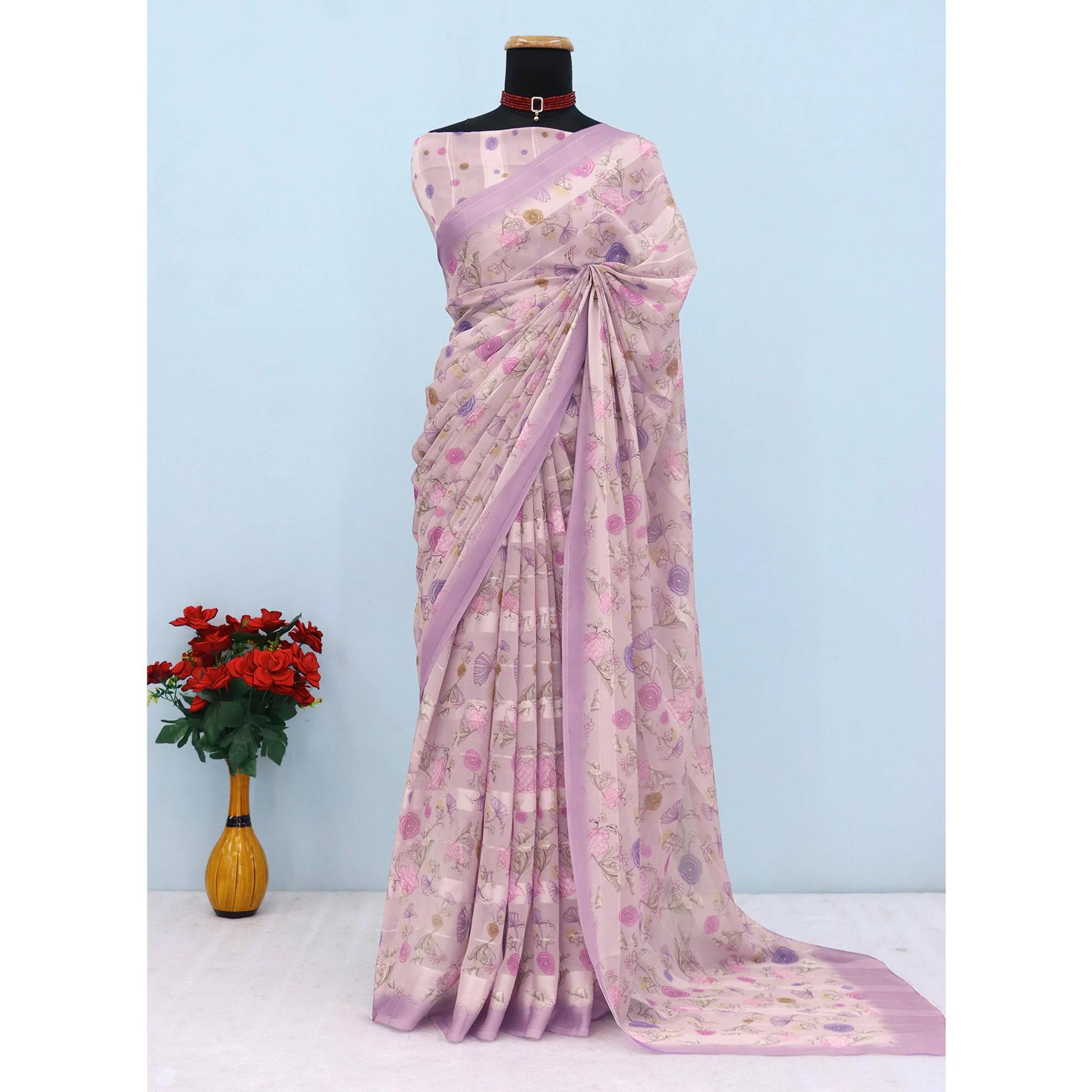 Purple Bloom Floral Digital Printed Georgette Saree Accentuated With Graceful Zari Stripes - Image 3