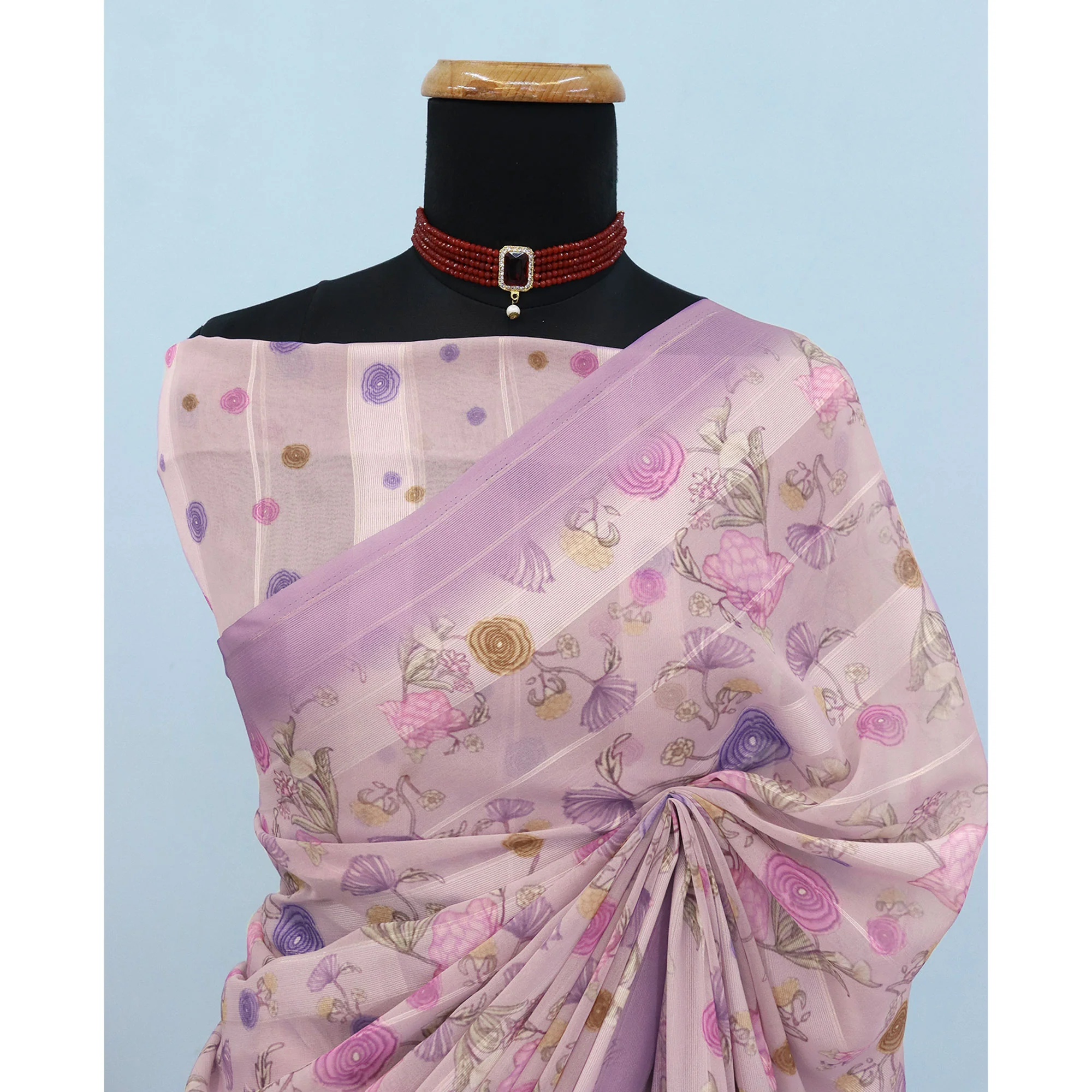 Purple Bloom Floral Digital Printed Georgette Saree Accentuated With Graceful Zari Stripes - Image 4