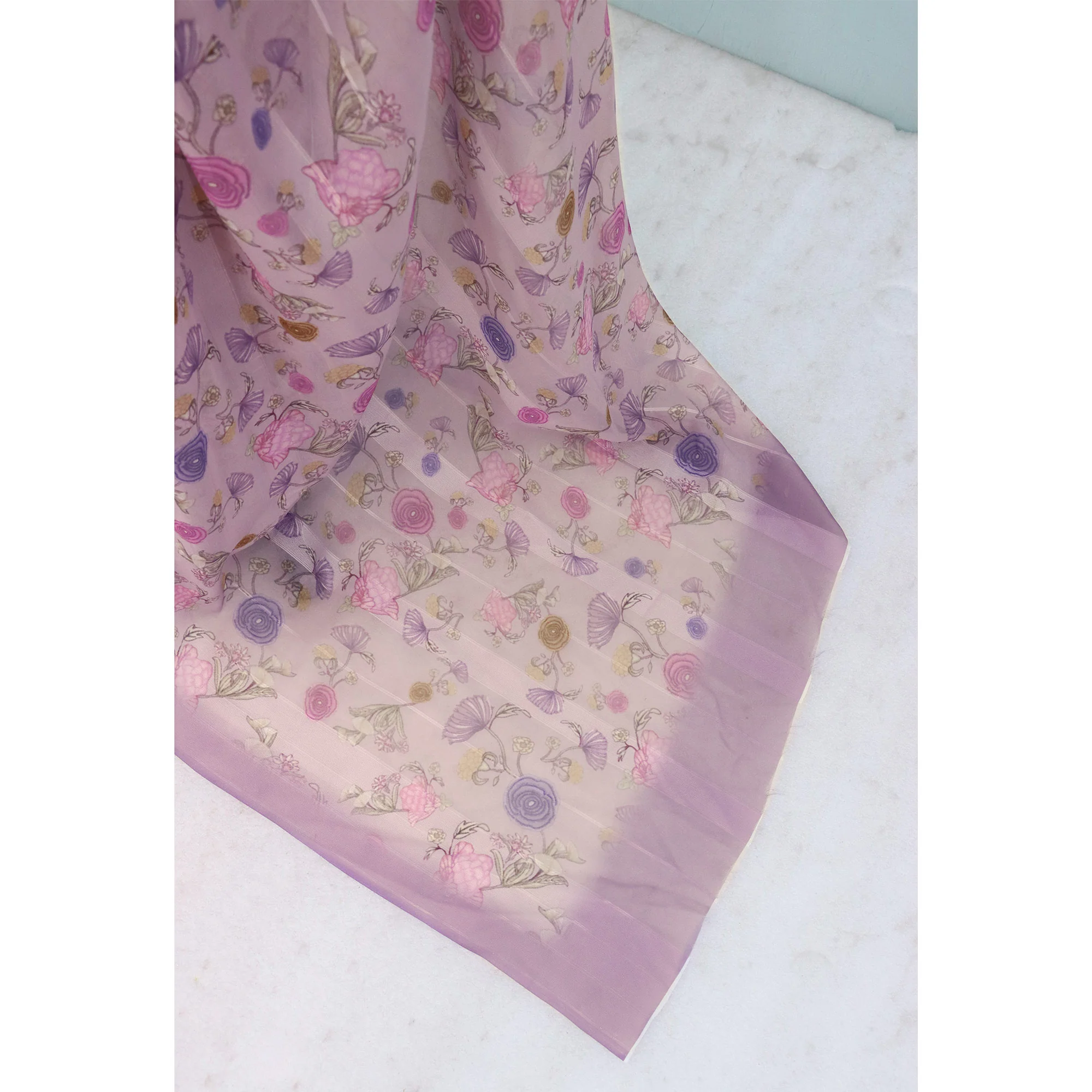 Purple Bloom Floral Digital Printed Georgette Saree Accentuated With Graceful Zari Stripes - Image 5