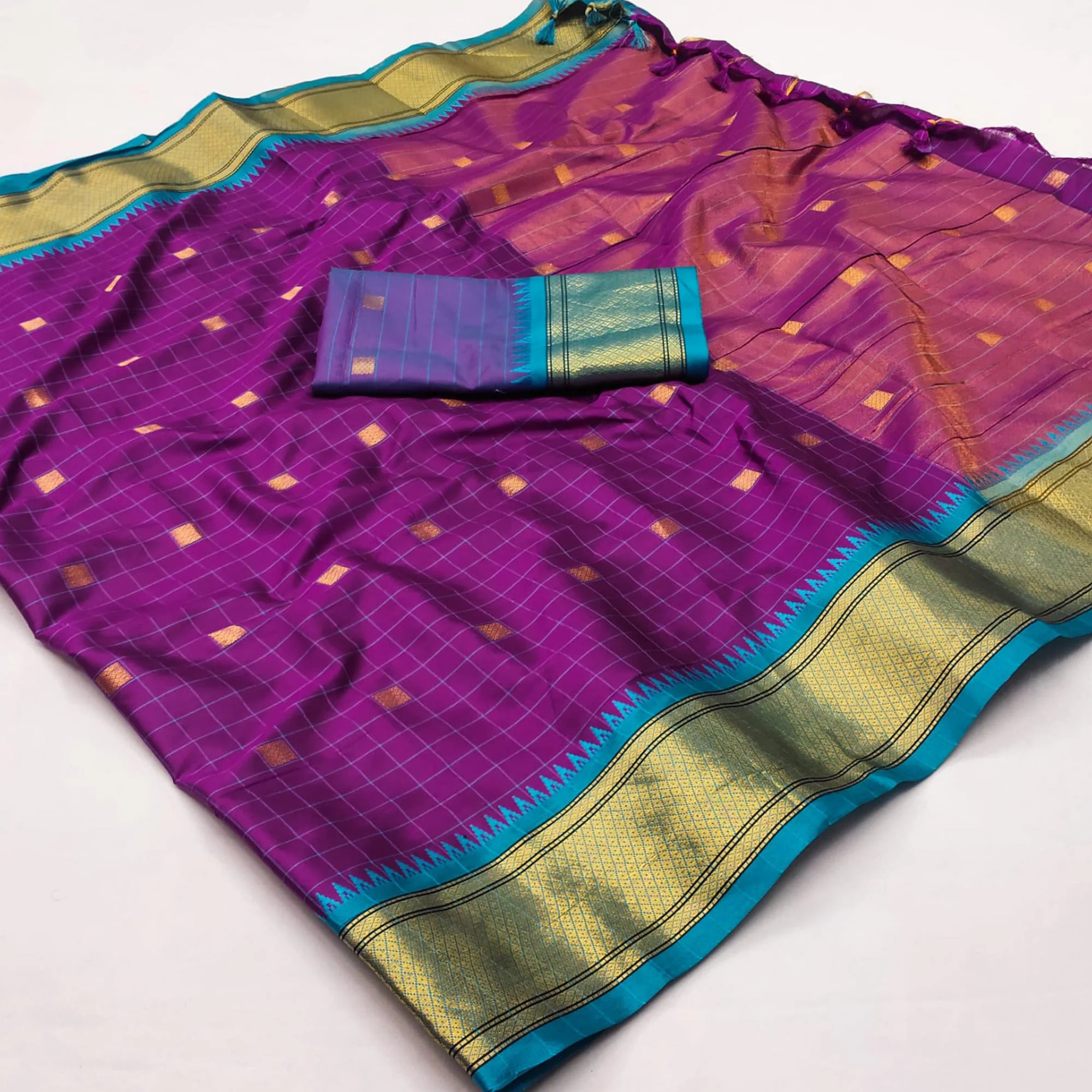 Purple & Blue Woven Cotton Silk Saree With Tassels - Image 3