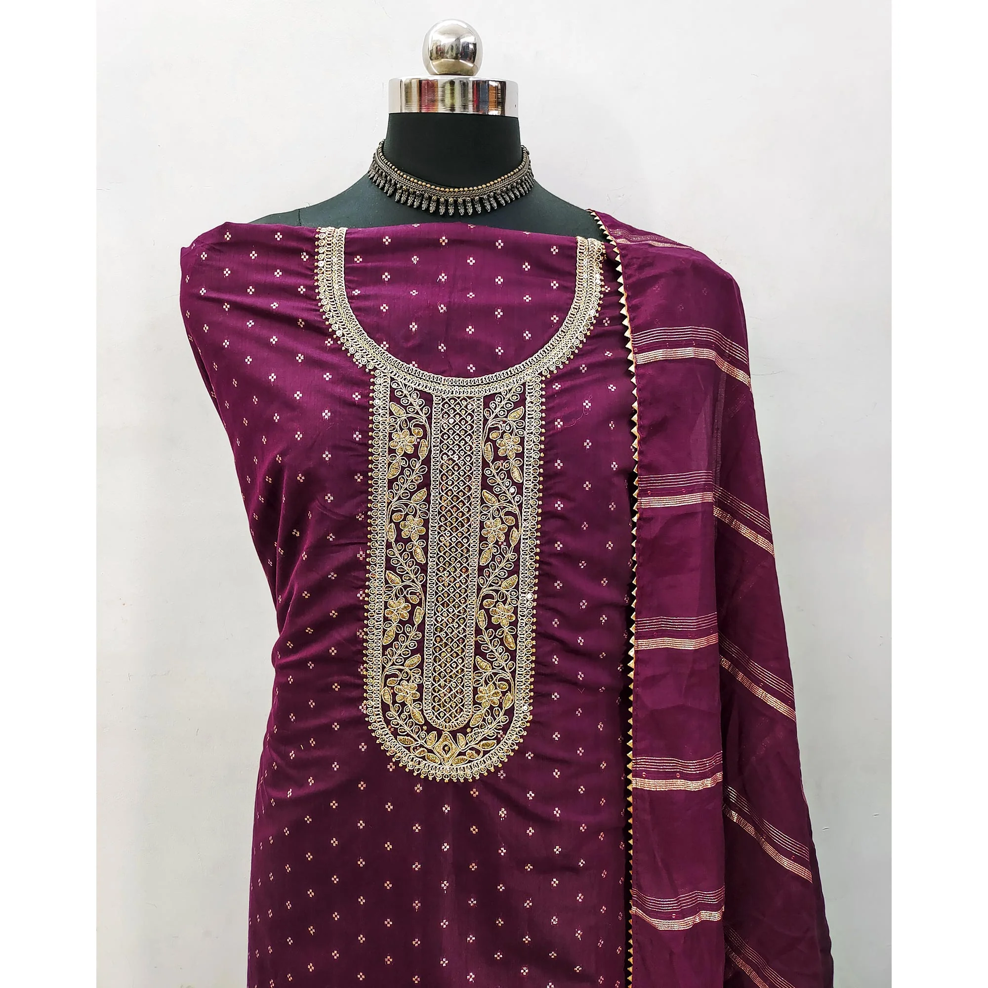 Purple Butti With Embroidered Chanderi Silk Dress Material - Image 4