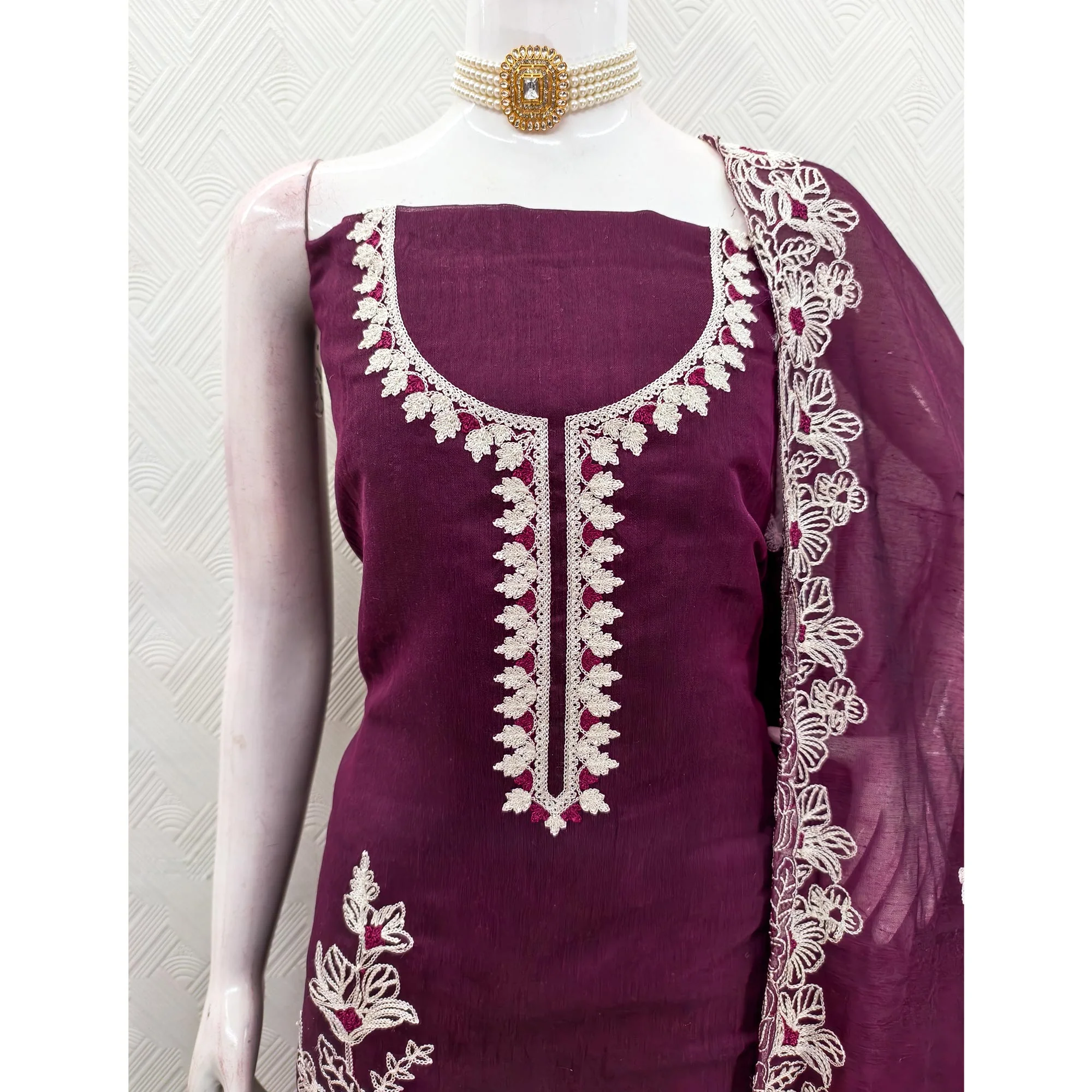 Purple Chanderi Silk Dress Material Enhanced With Floral Thread Embroidered Work - Image 6