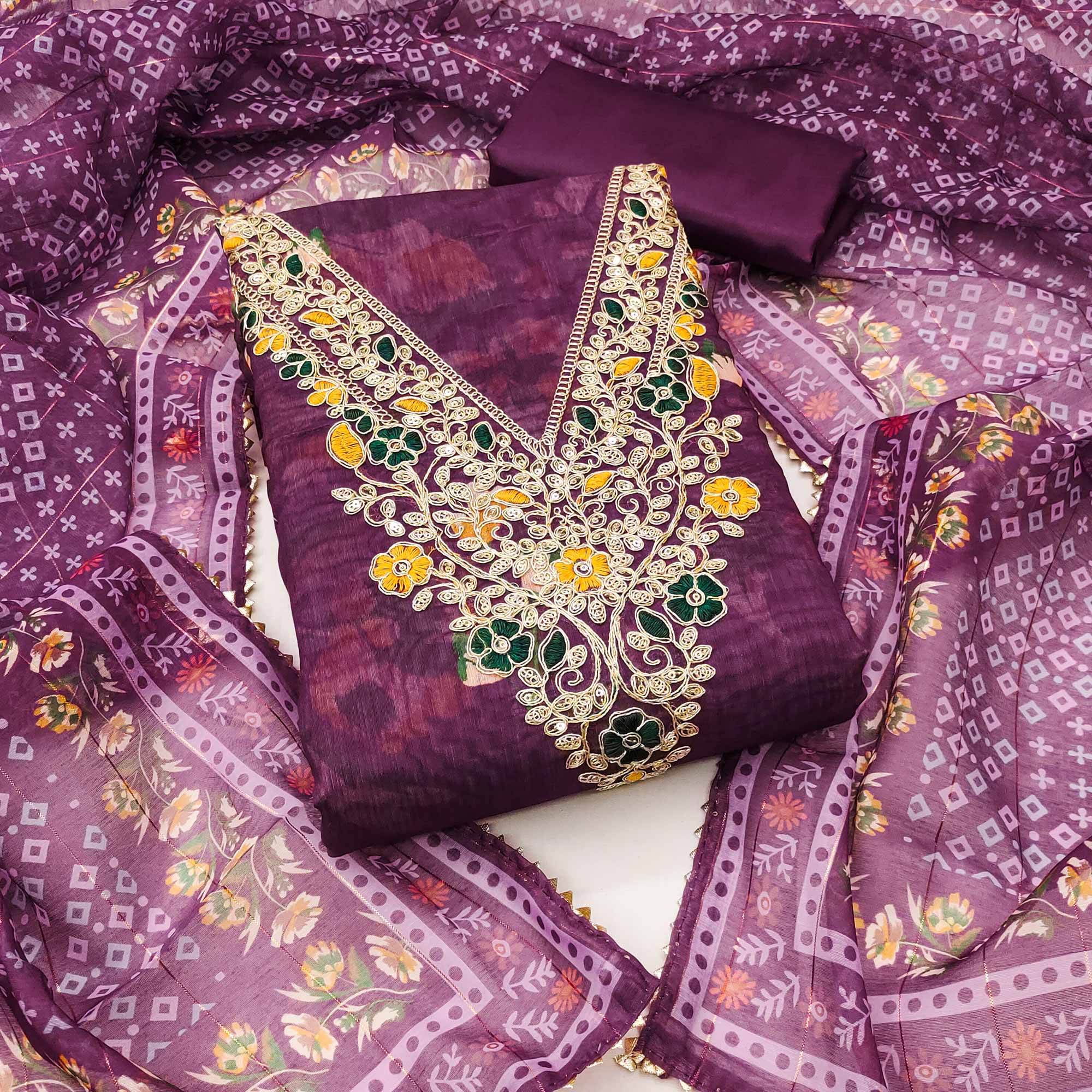 Purple Chanderi Silk Dress Material With Digital Floral Print & Cording Embroidery Work
