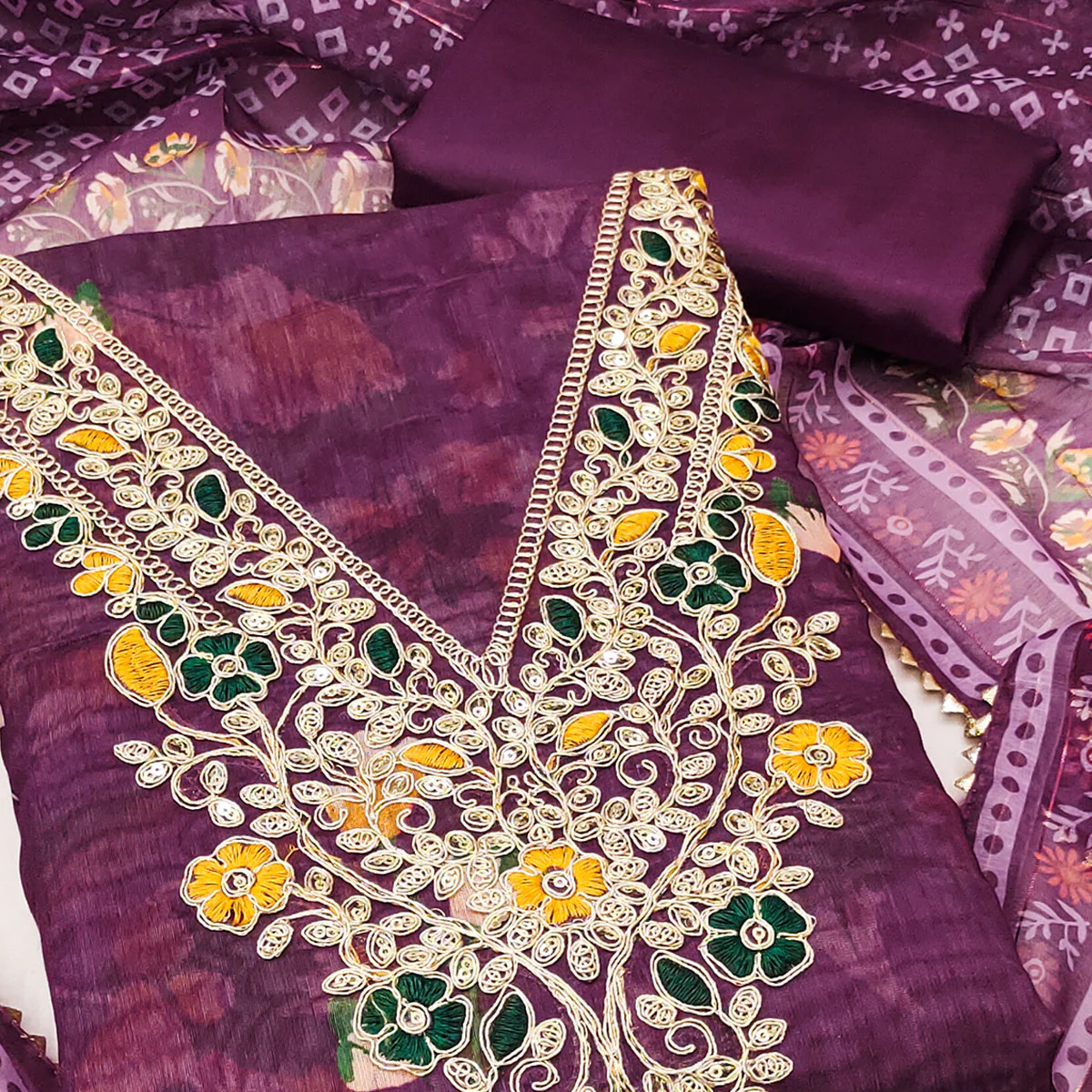 Purple Chanderi Silk Dress Material With Digital Floral Print & Cording Embroidery Work - Image 2