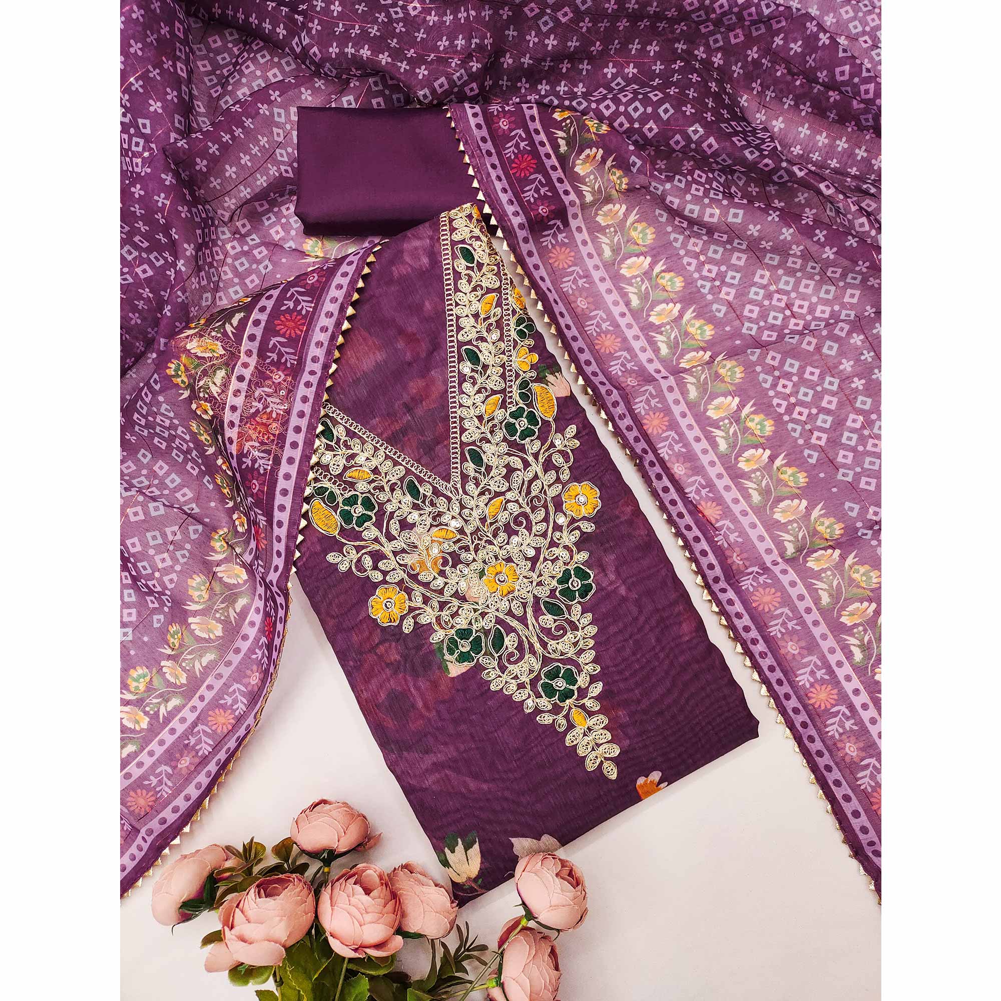 Purple Chanderi Silk Dress Material With Digital Floral Print & Cording Embroidery Work - Image 3