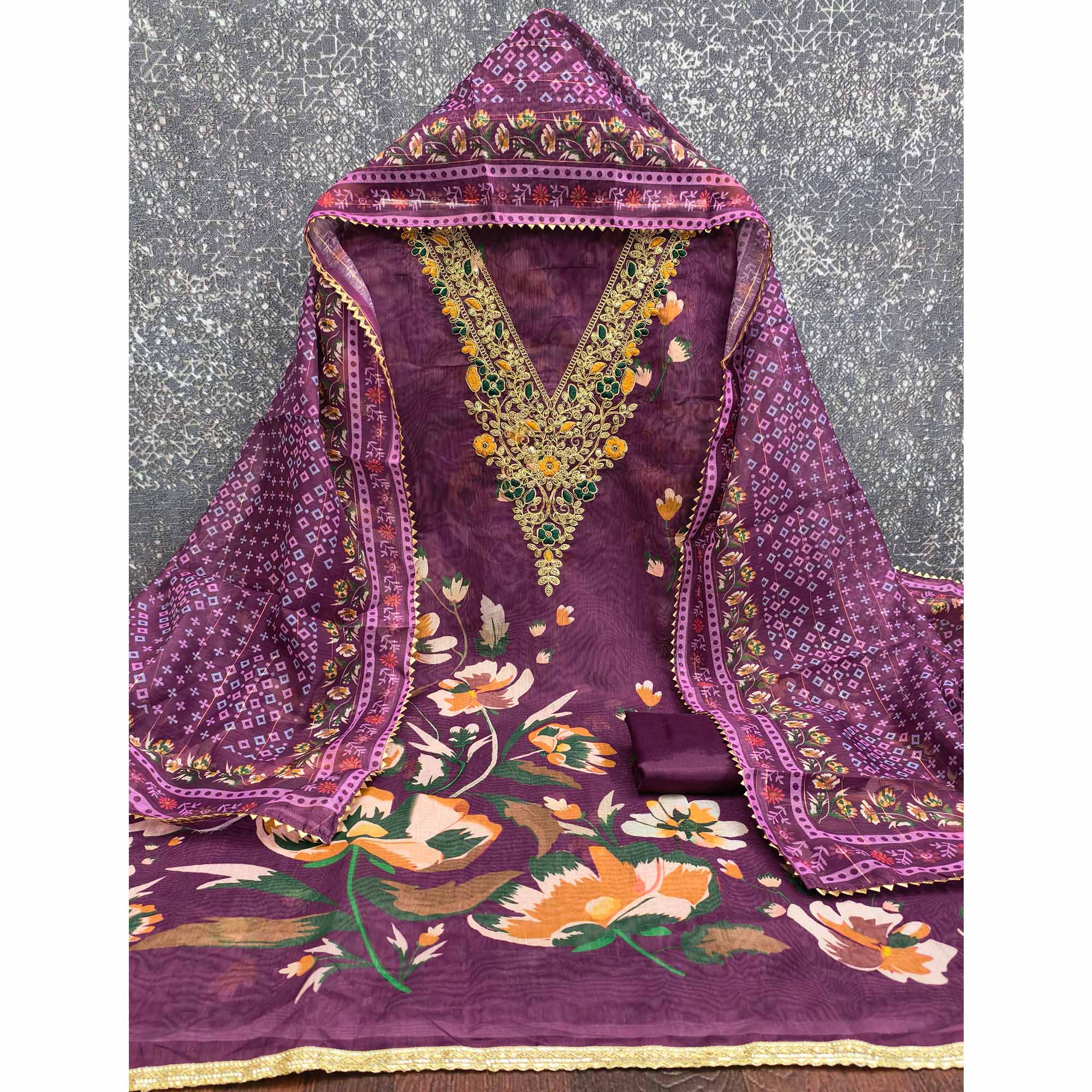 Purple Chanderi Silk Dress Material With Digital Floral Print & Cording Embroidery Work - Image 4